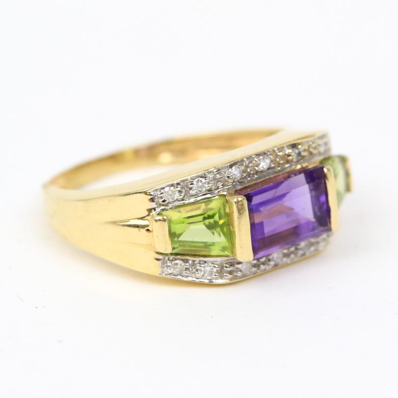 14K Yellow Gold, Amethyst, Peridot, and Diamond Ring