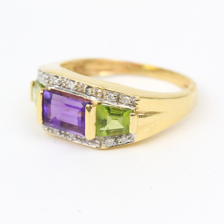 14K Yellow Gold, Amethyst, Peridot, and Diamond Ring