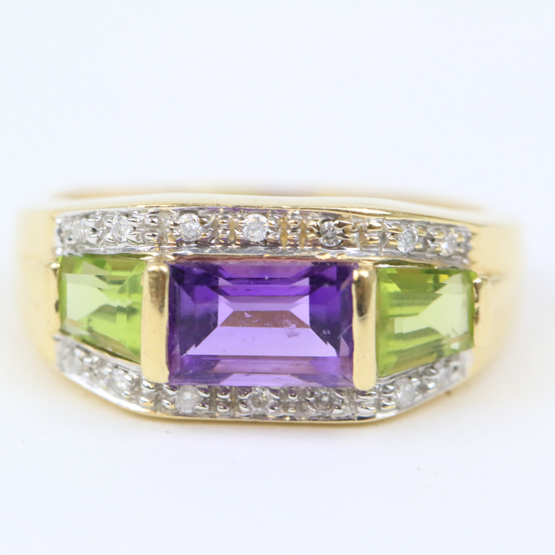 14K Yellow Gold, Amethyst, Peridot, and Diamond Ring