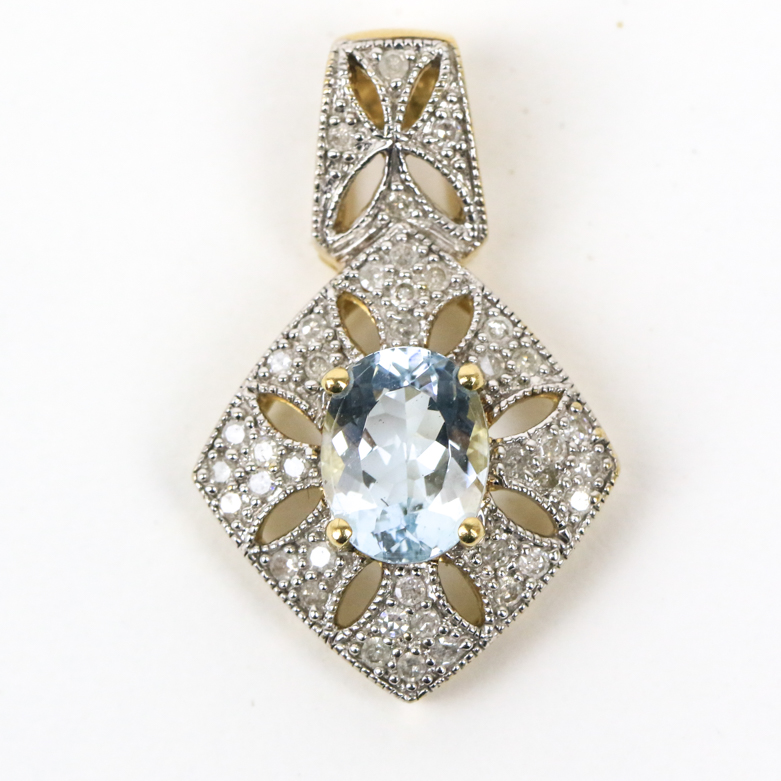 10K Two-Tone Gold, Aquamarine, and Diamond Pierced Drop Pendant