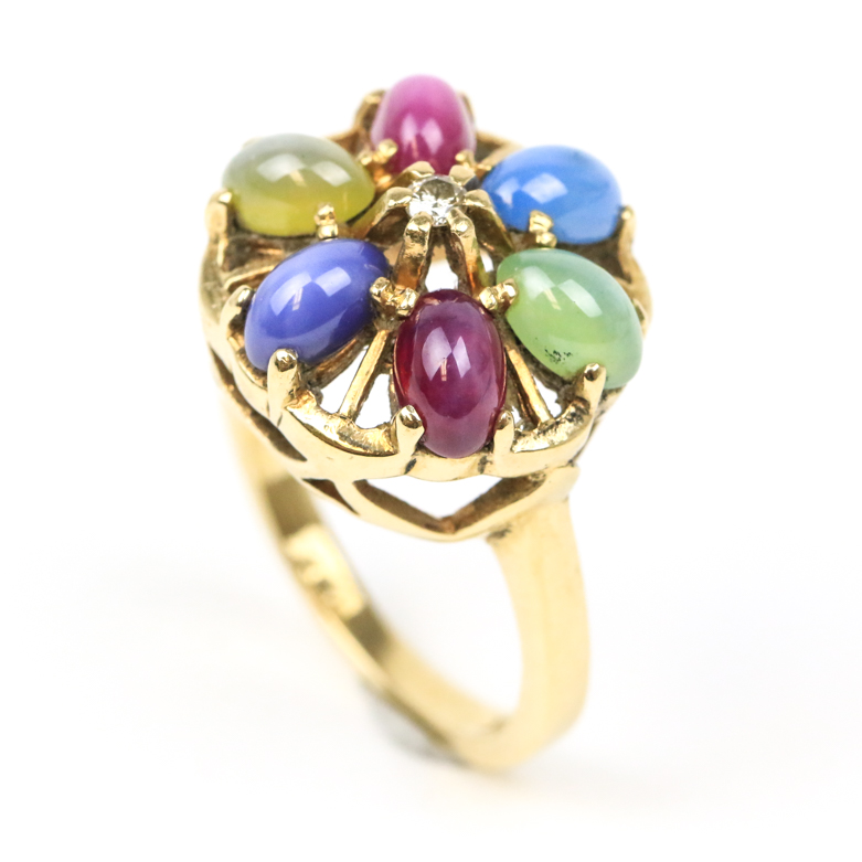 Vintage 10K Yellow Gold, Fancy Star Sapphire, and Diamond Cocktail Ring