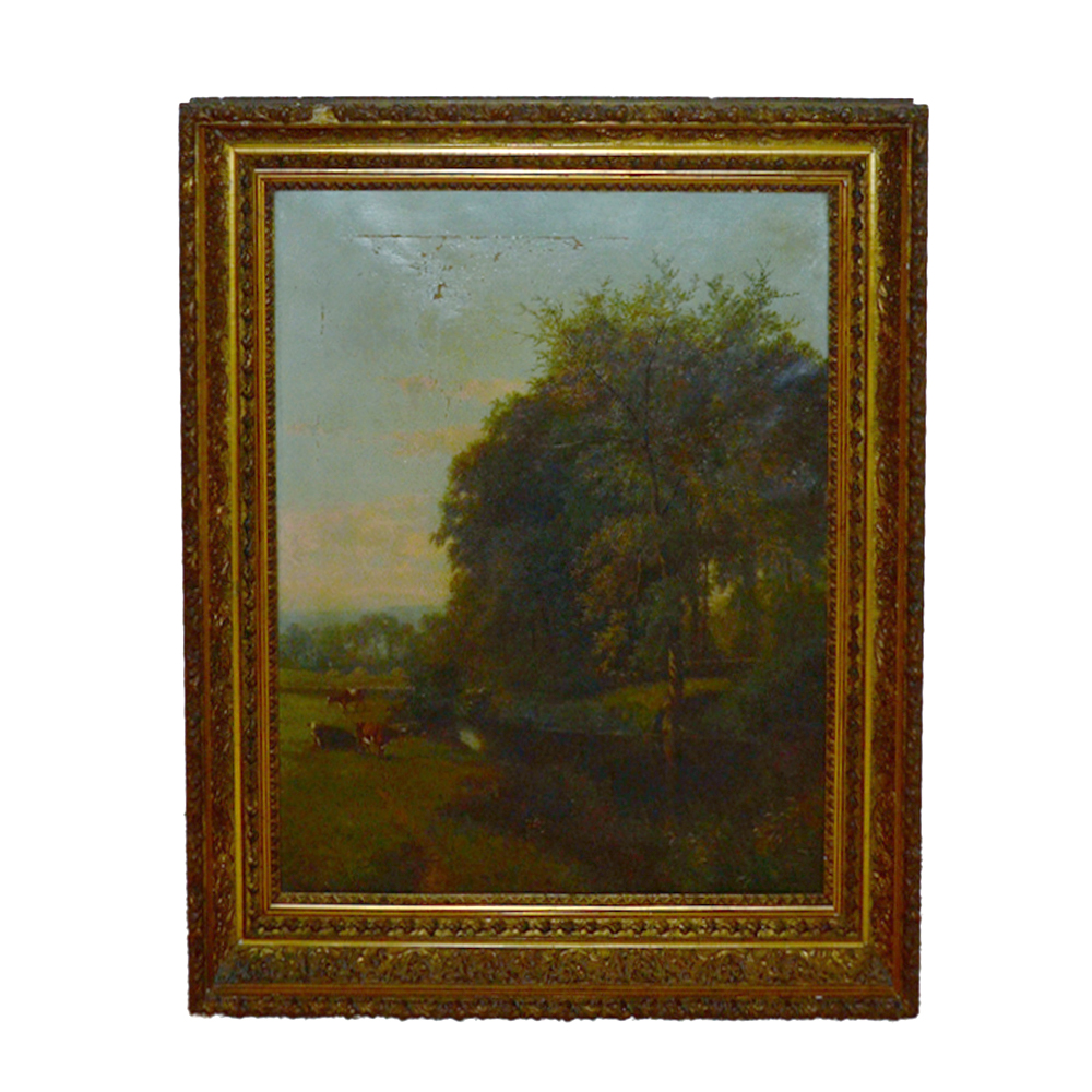 Oil on Canvas Pastoral Landscape Painting with Cows