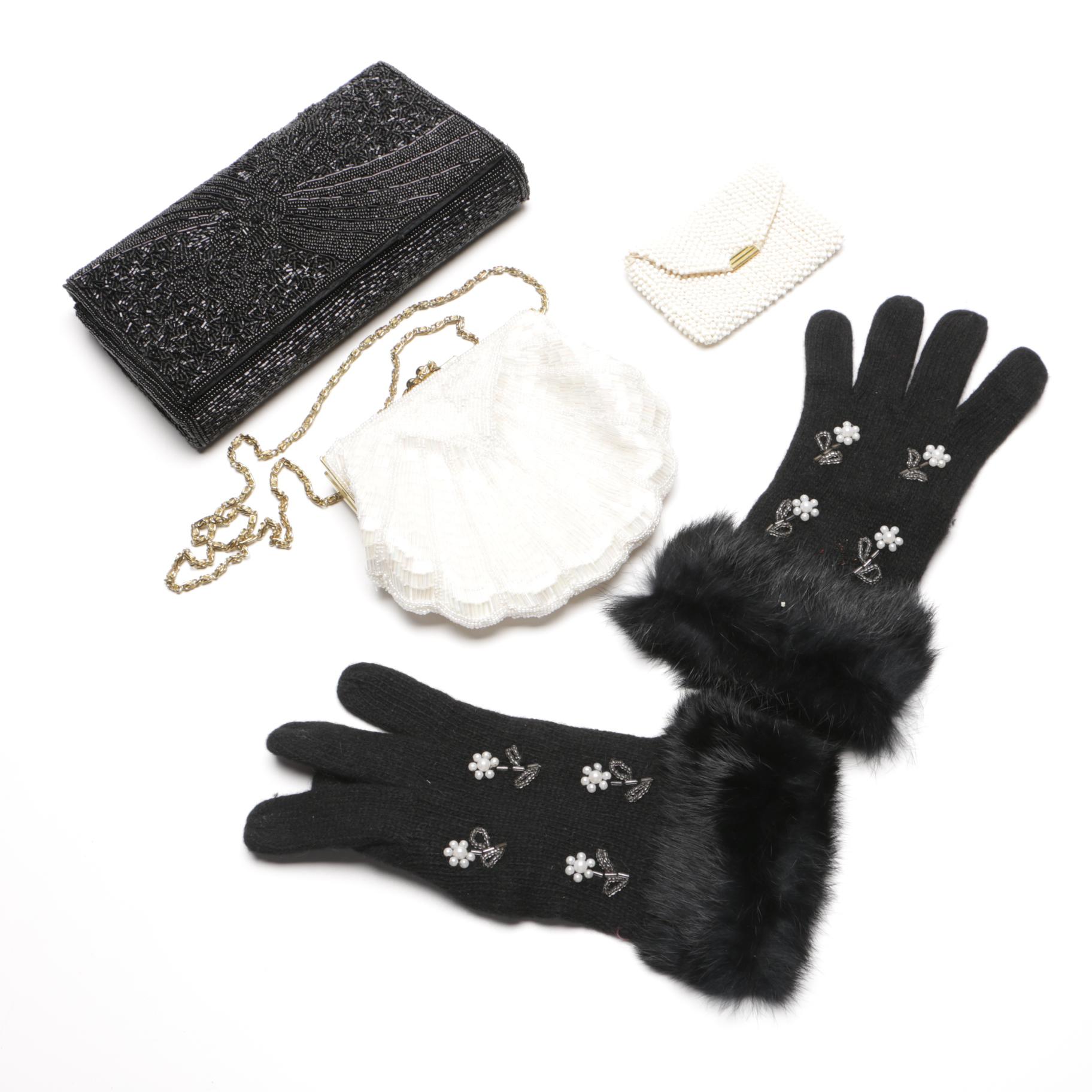 Beaded Accessories Including Rabbit Fur Lined Gloves