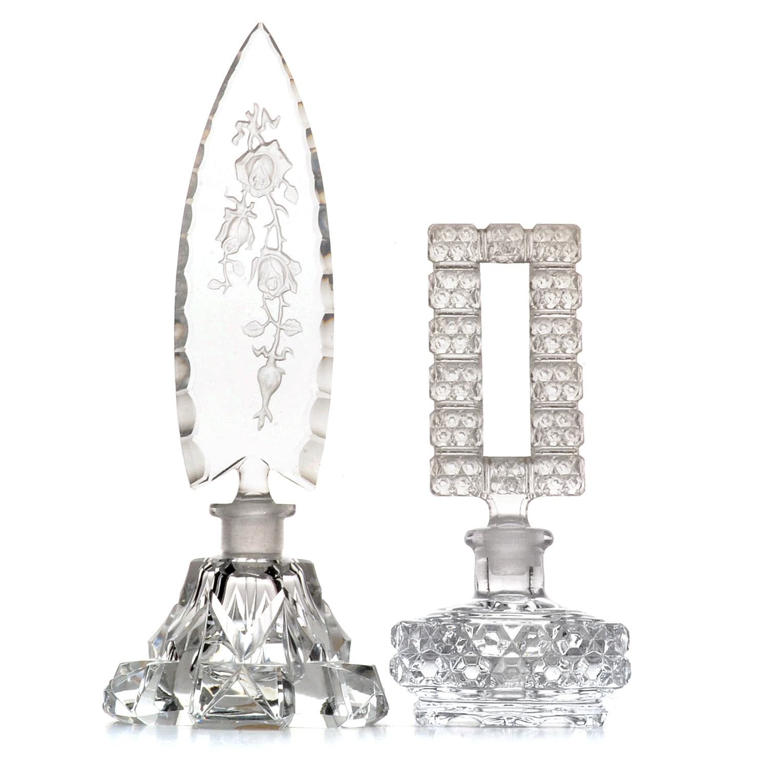 Art Deco Cut and Pressed Glass Perfume Bottles Including Irice