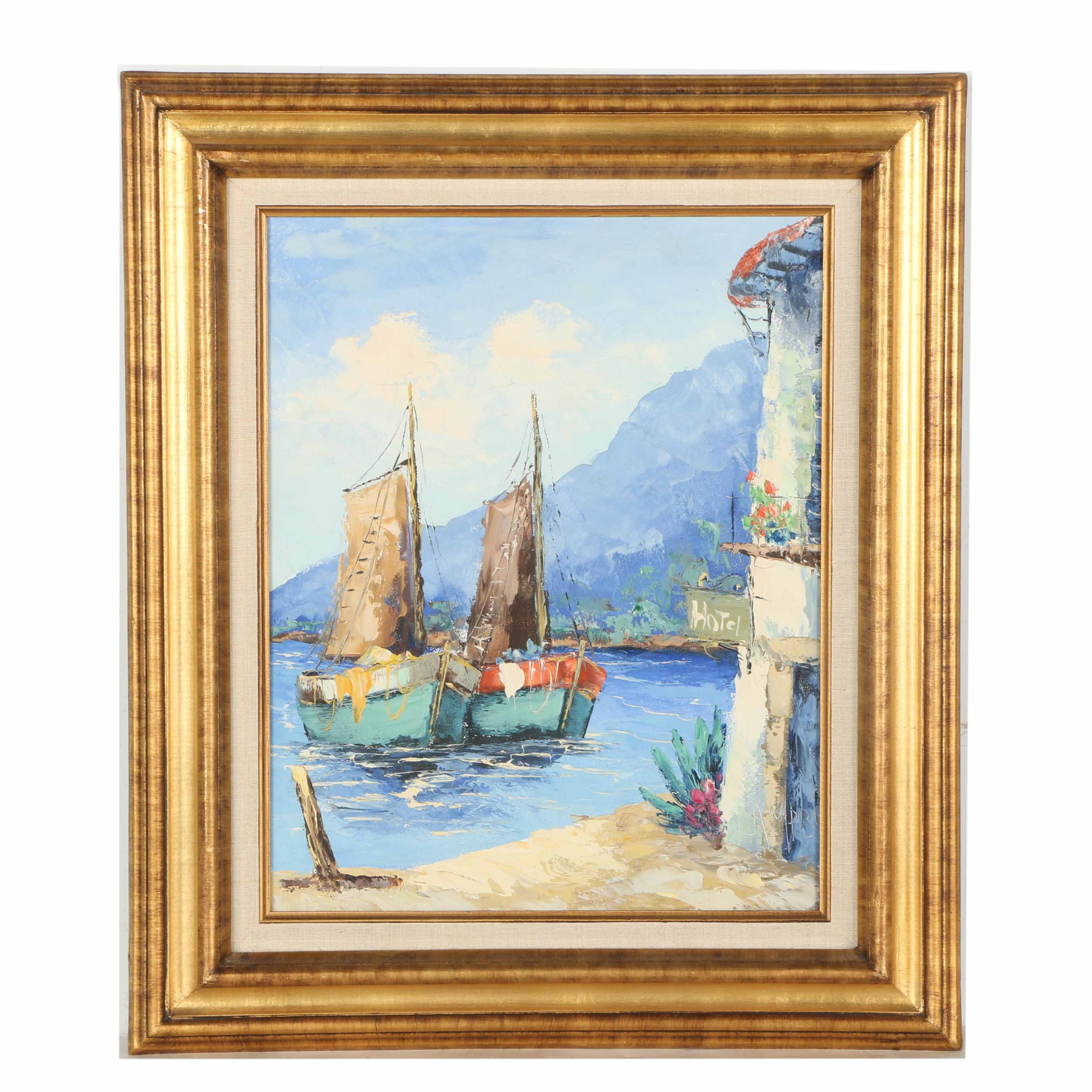 Giovanni Camprio Oil Painting on Canvas of Dock Scene