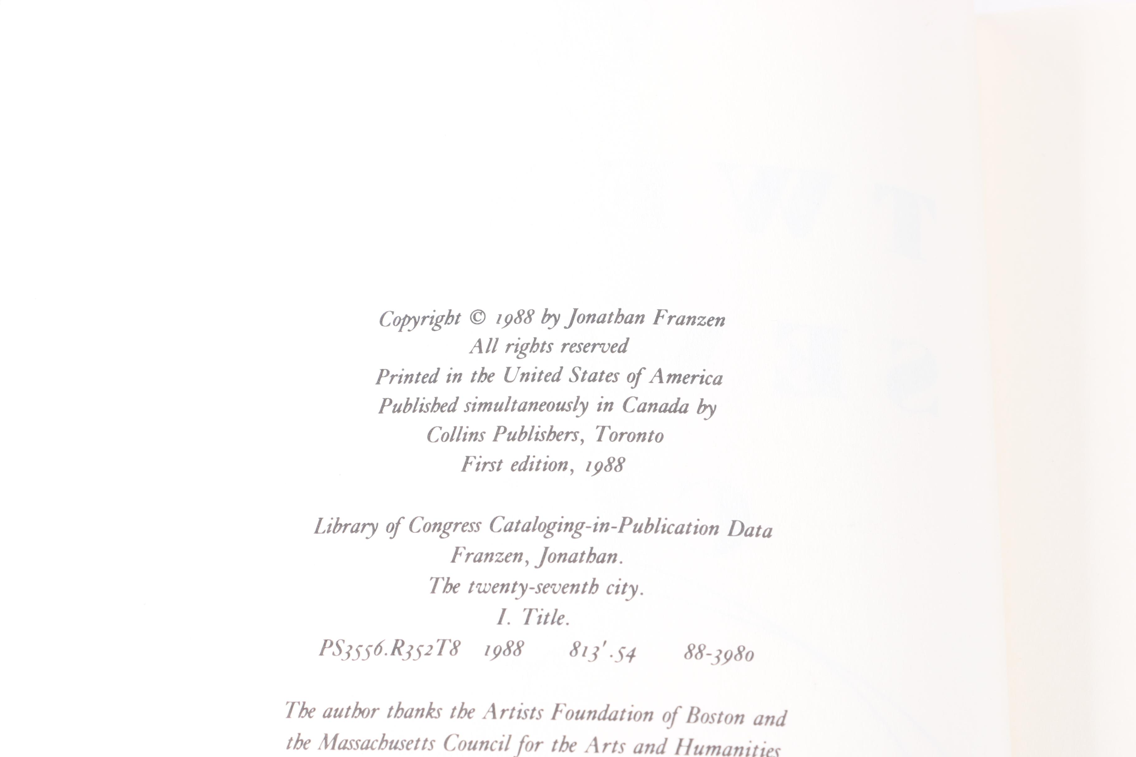 1988 Signed First Edition "The Twenty-Seventh City" by Jonathan Franzen