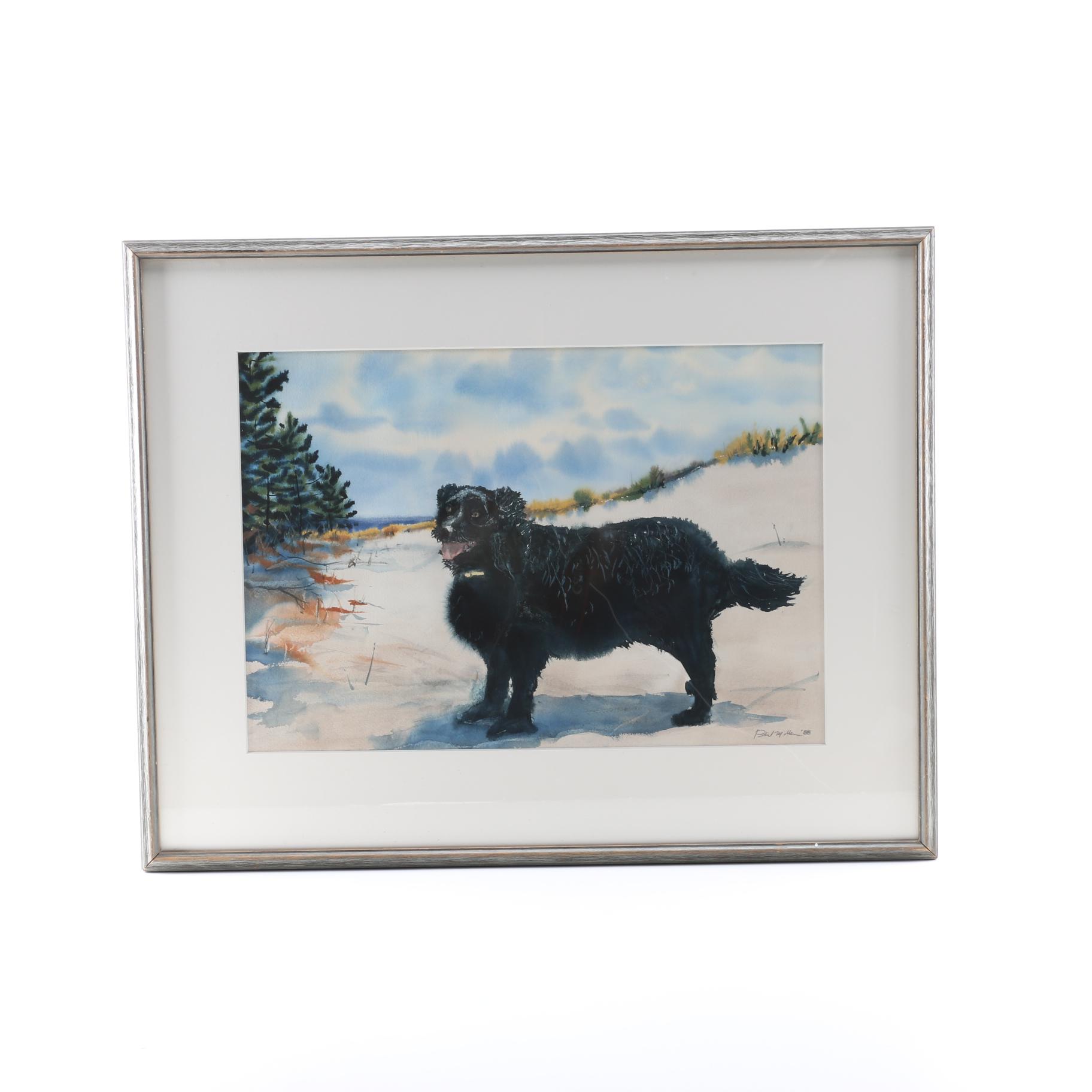 Phil Miller Watercolor Painting of a Dog on the Beach