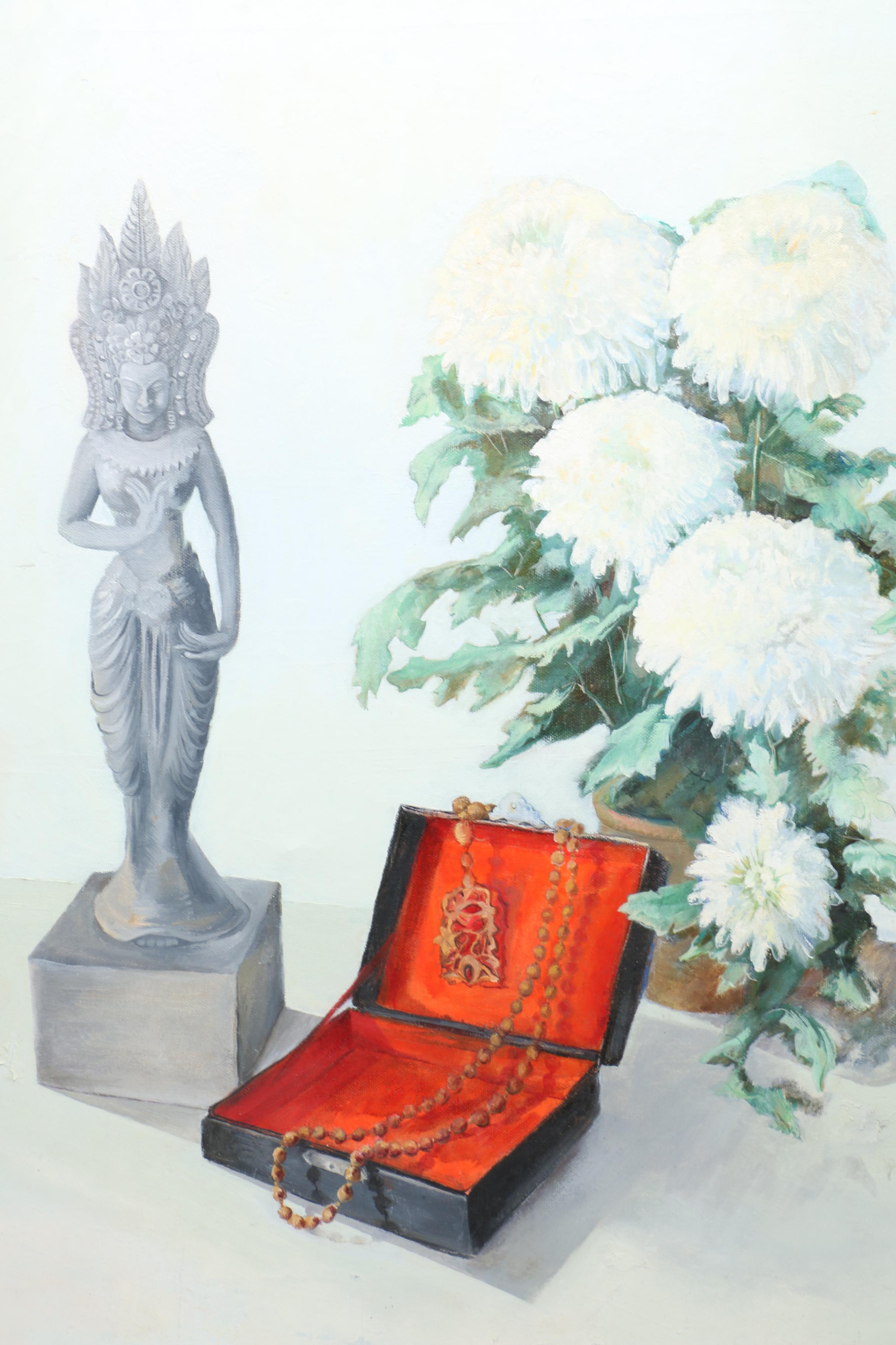 Oil Still Life on Stretched Canvas With Statue of Tara