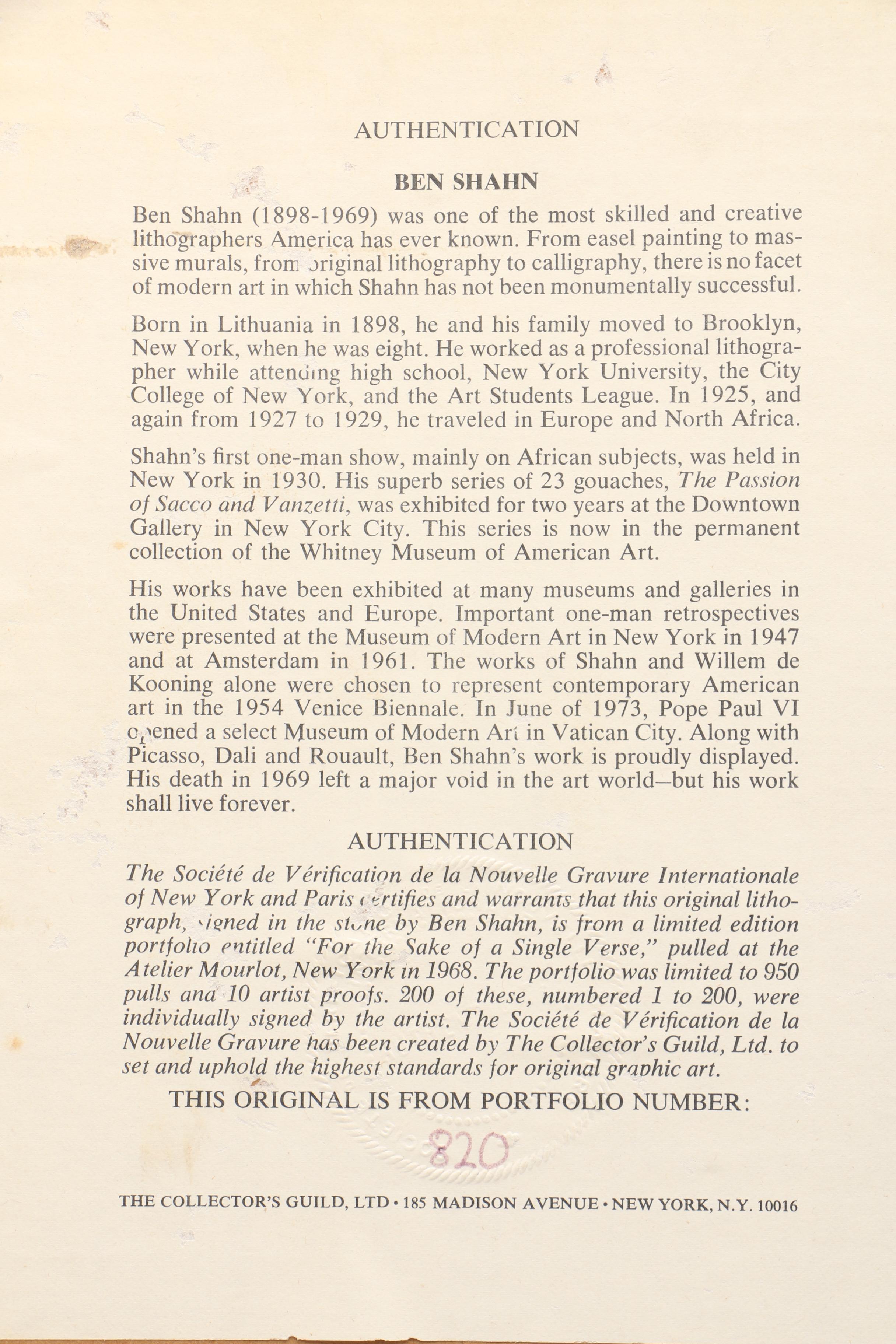 Ben Shahn Limited Edition Lithograph on Paper "To Roads in Unknown Regions"