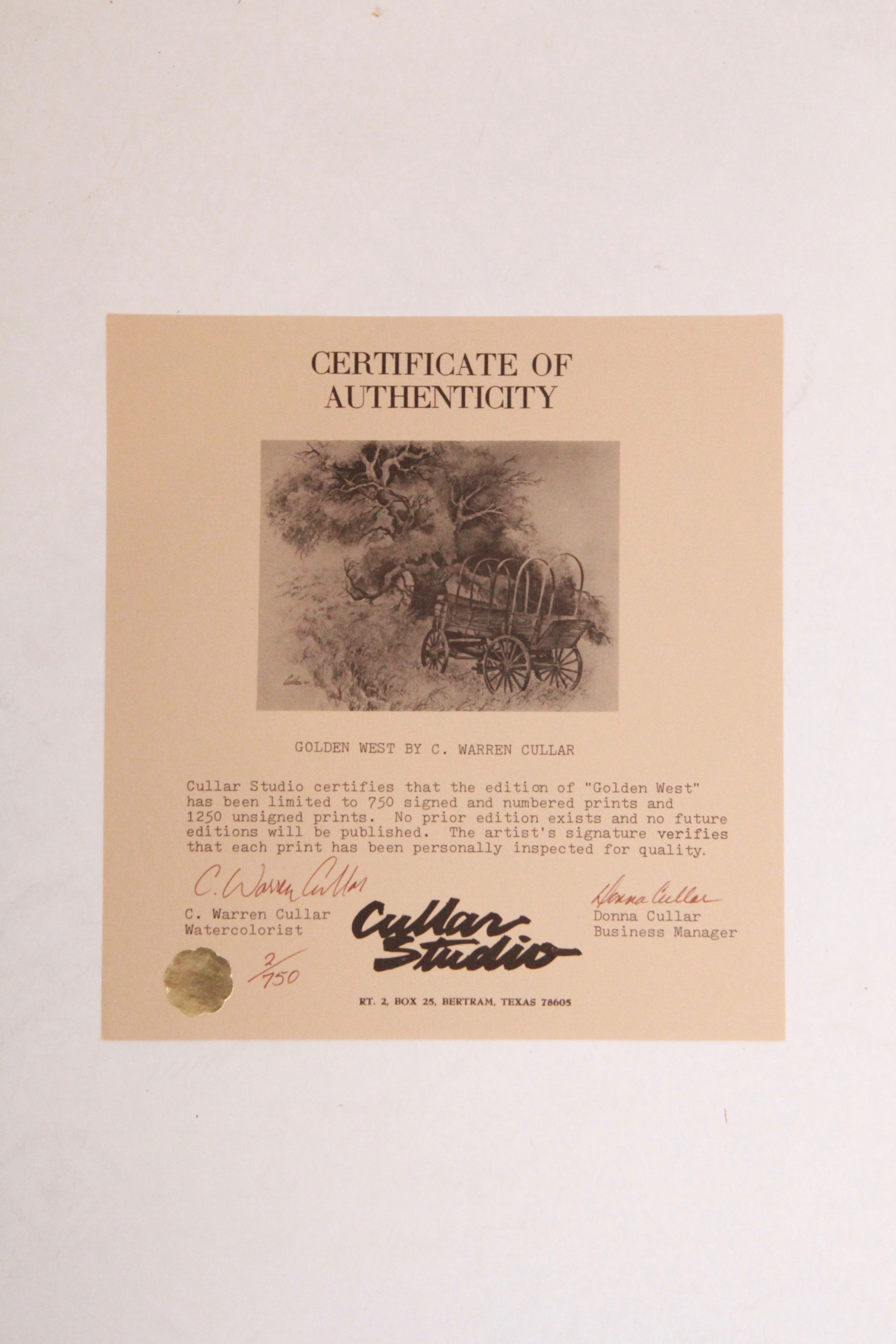 After C. Warren Cullar 1970s Limited Edition Lithograph "Golden West"