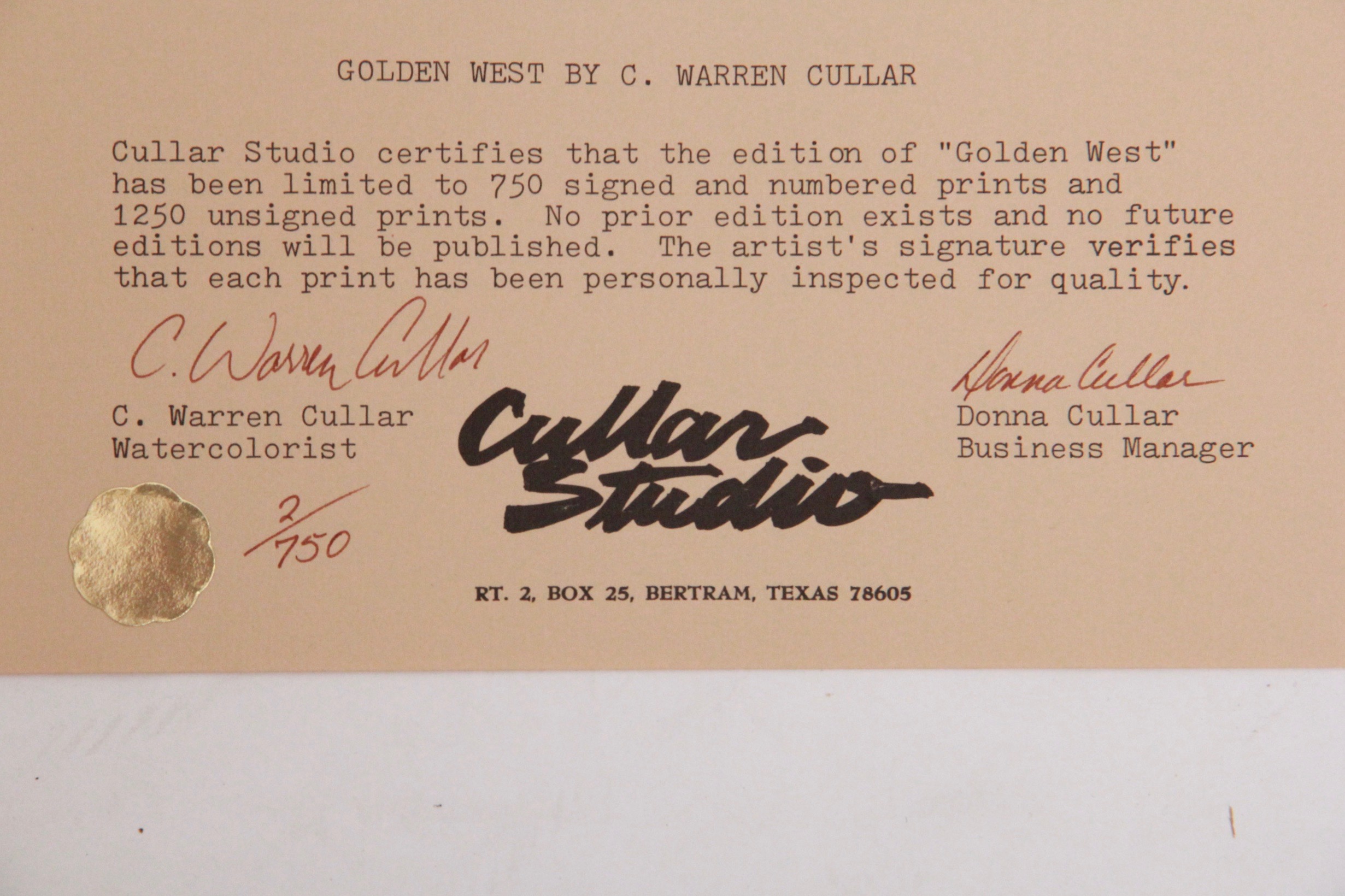 After C. Warren Cullar 1970s Limited Edition Lithograph "Golden West"