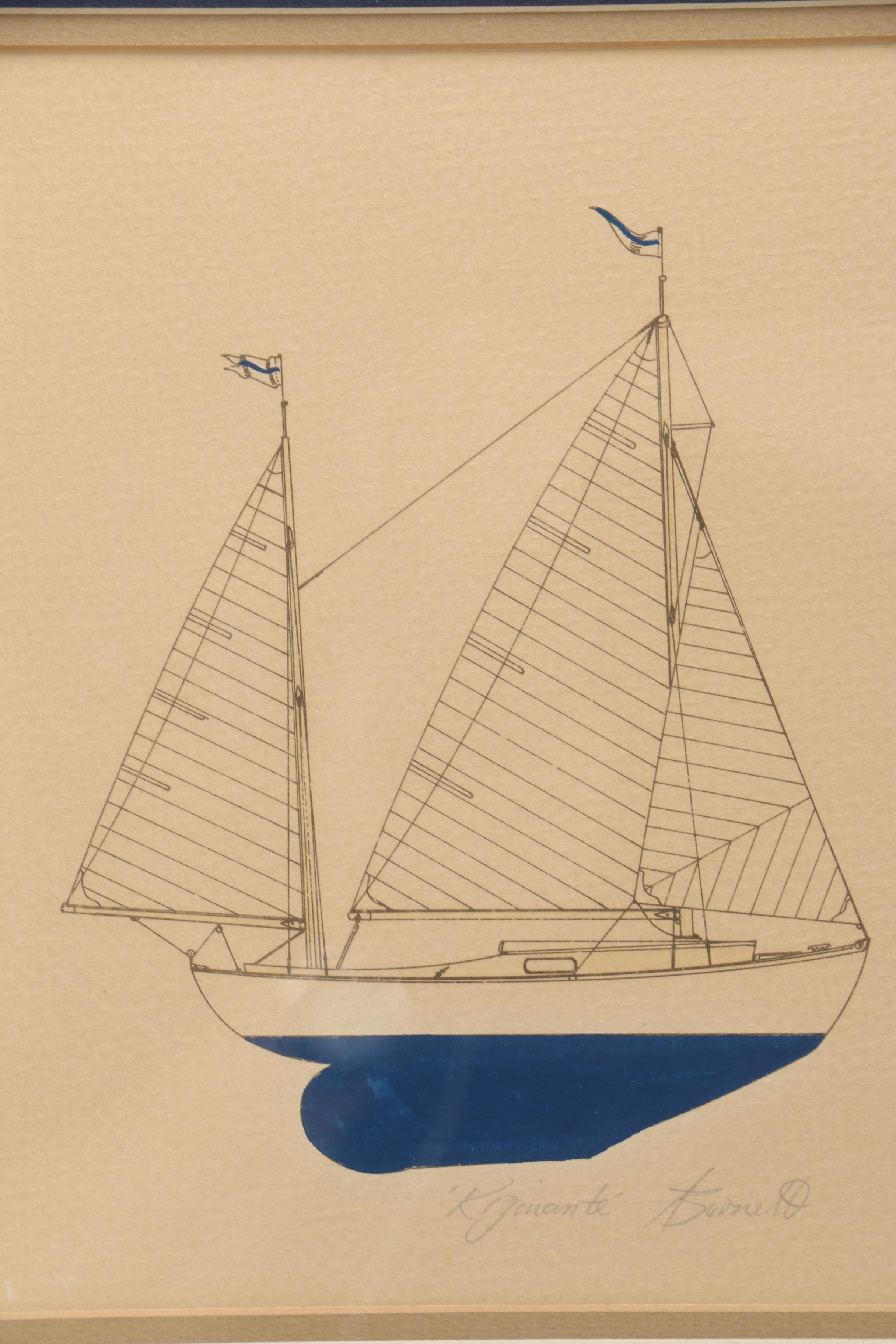 Hand Colored Lithograph on Paper of Sailboat