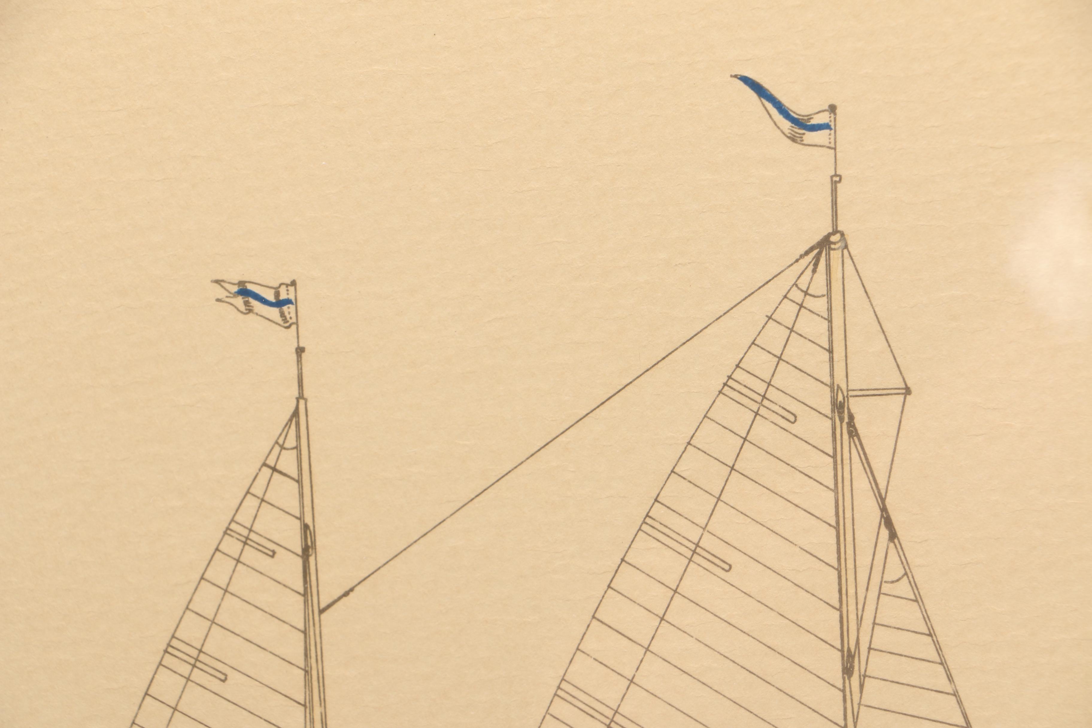 Hand Colored Lithograph on Paper of Sailboat