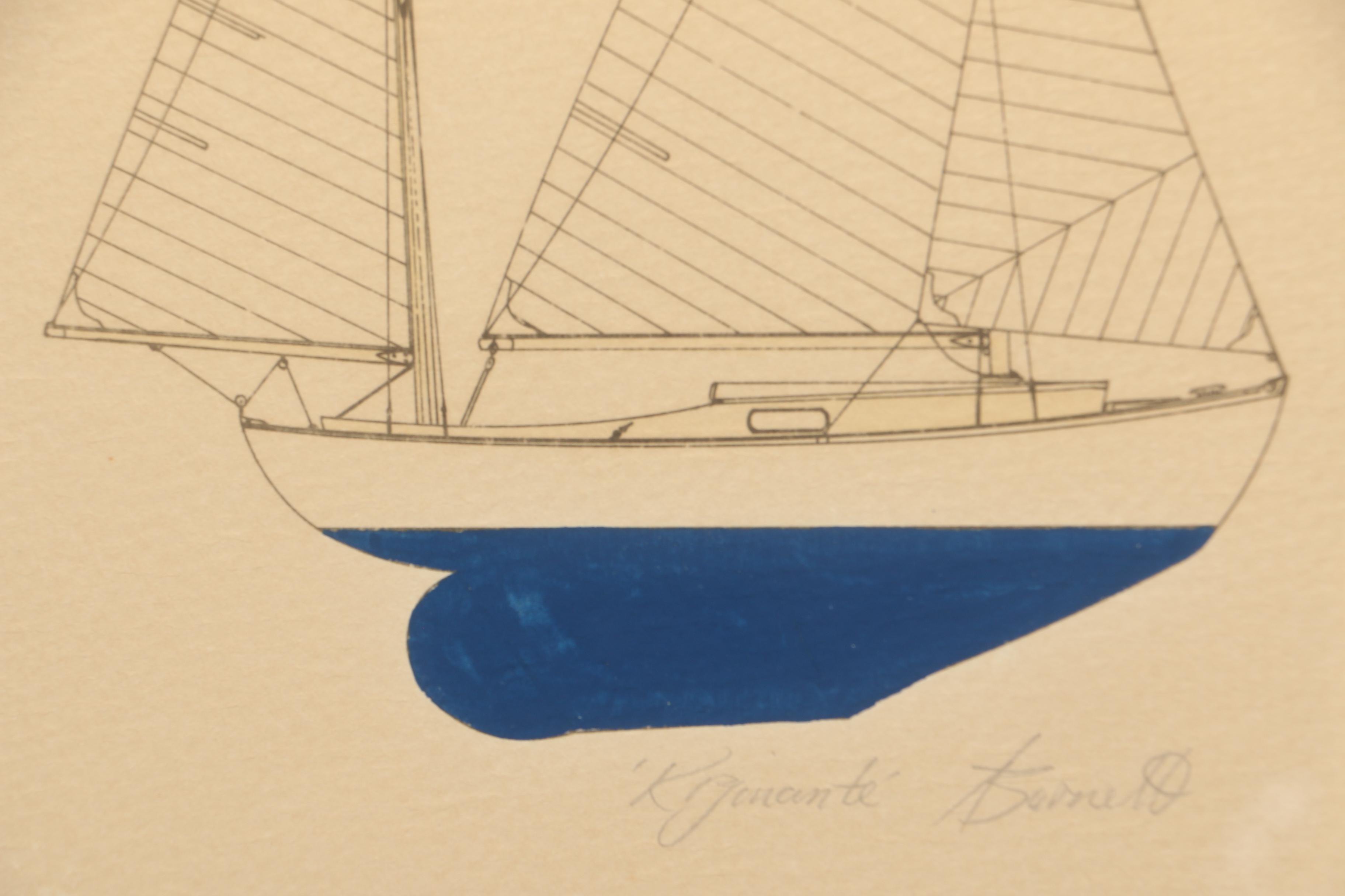 Hand Colored Lithograph on Paper of Sailboat