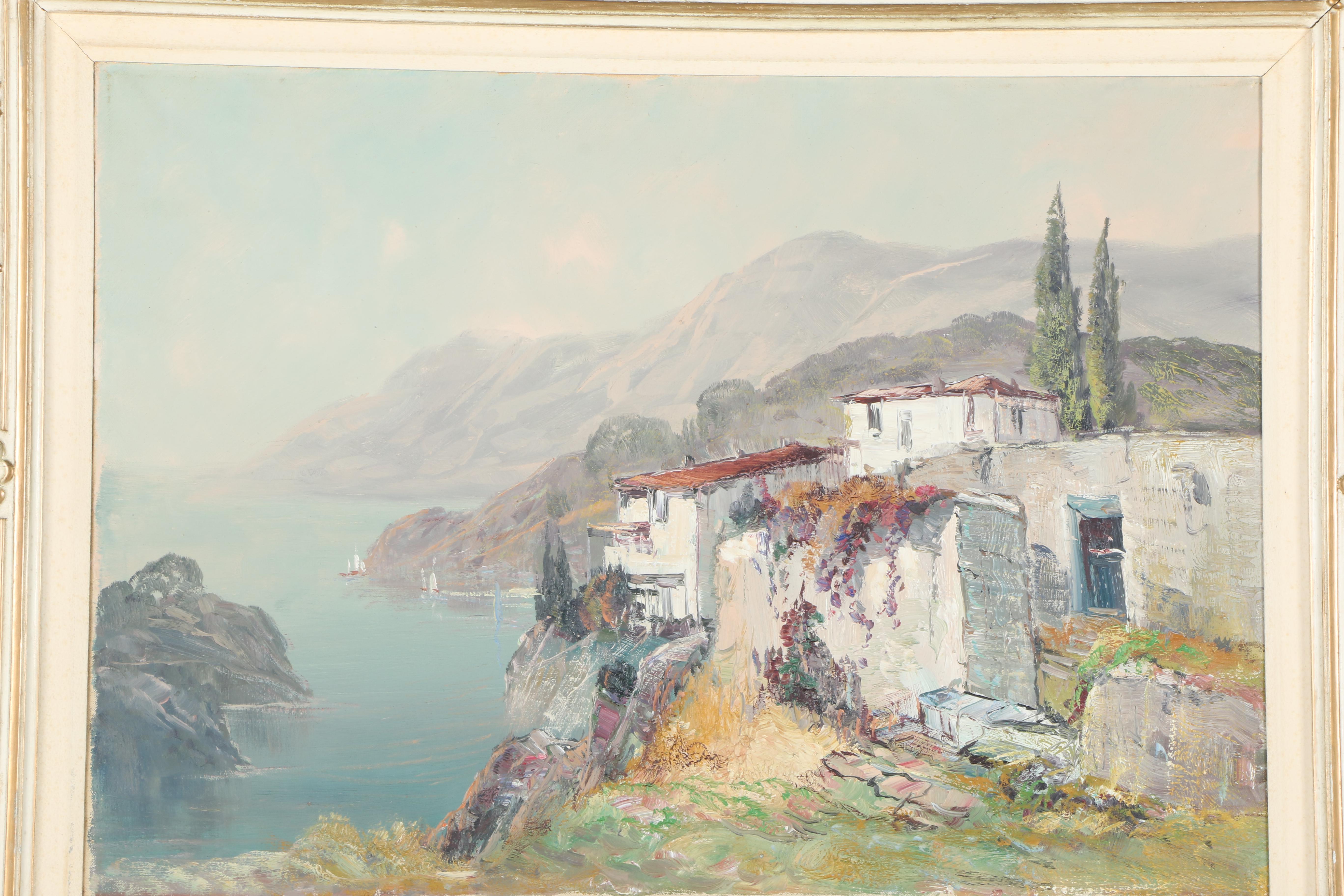 Framed Oil Painting on Canvas of Seaside Houses