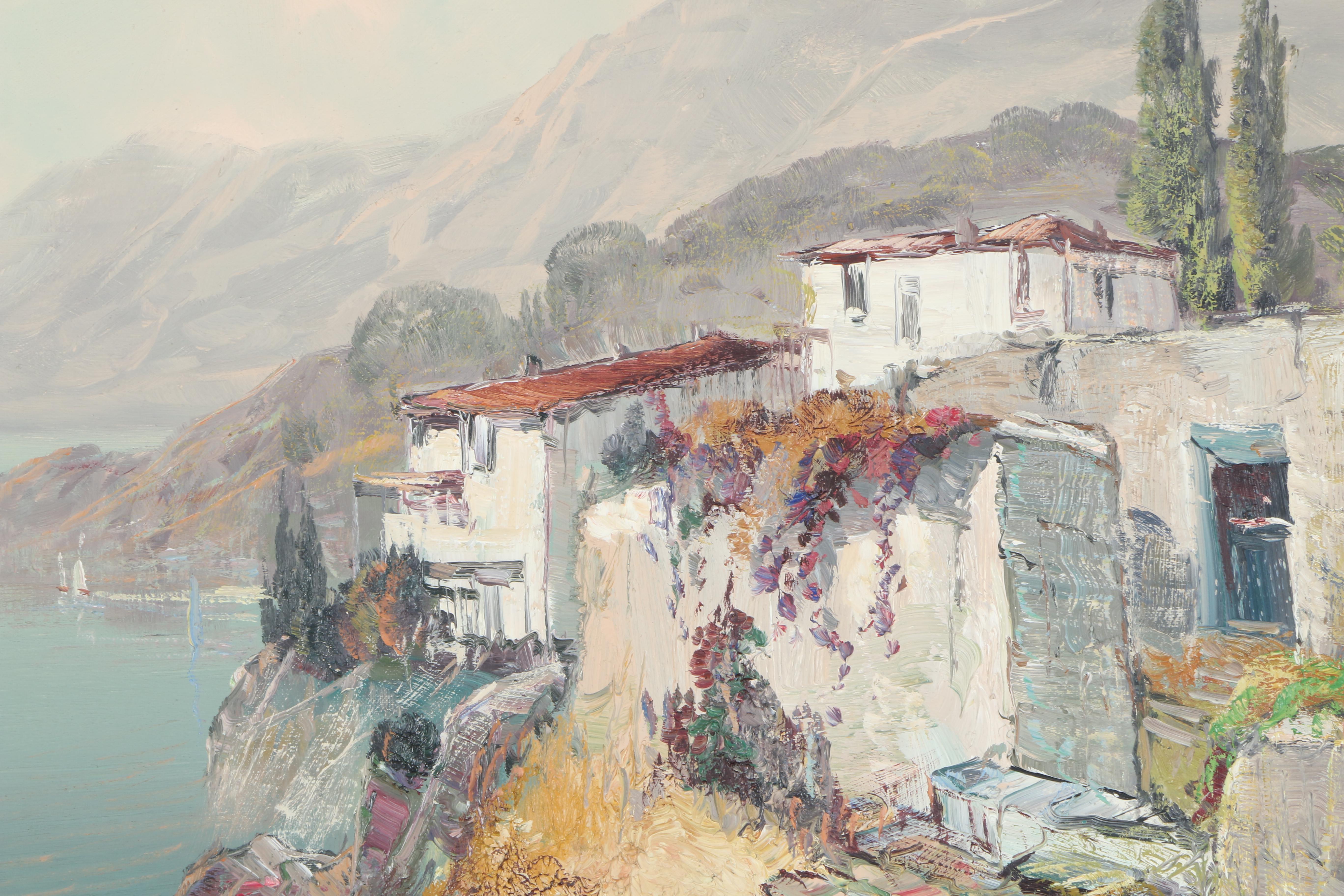 Framed Oil Painting on Canvas of Seaside Houses