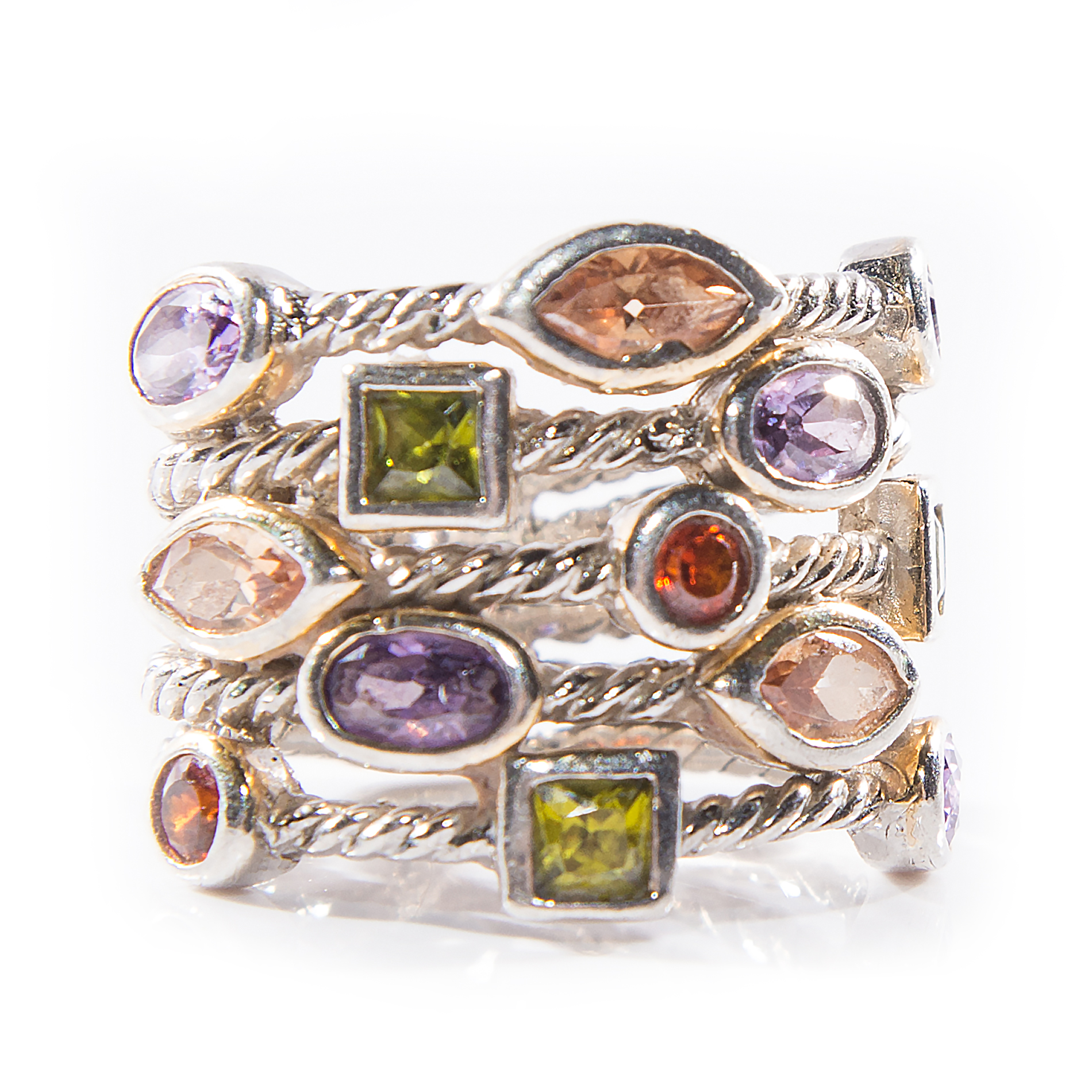 Sterling Silver Five-Row Amethyst, Citrine, Lemon Quartz, and Garnet Ring