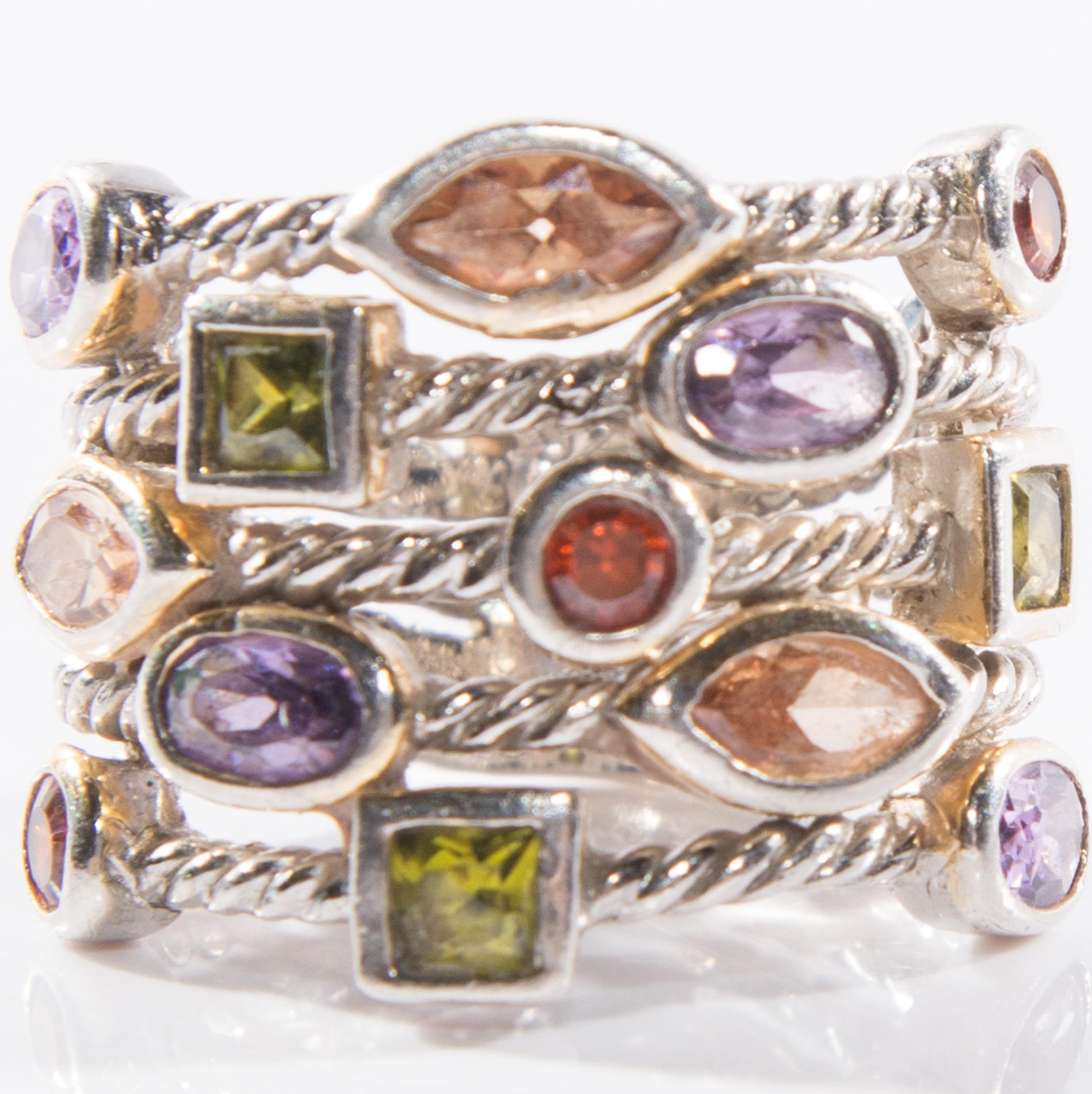 Sterling Silver Five-Row Amethyst, Citrine, Lemon Quartz, and Garnet Ring