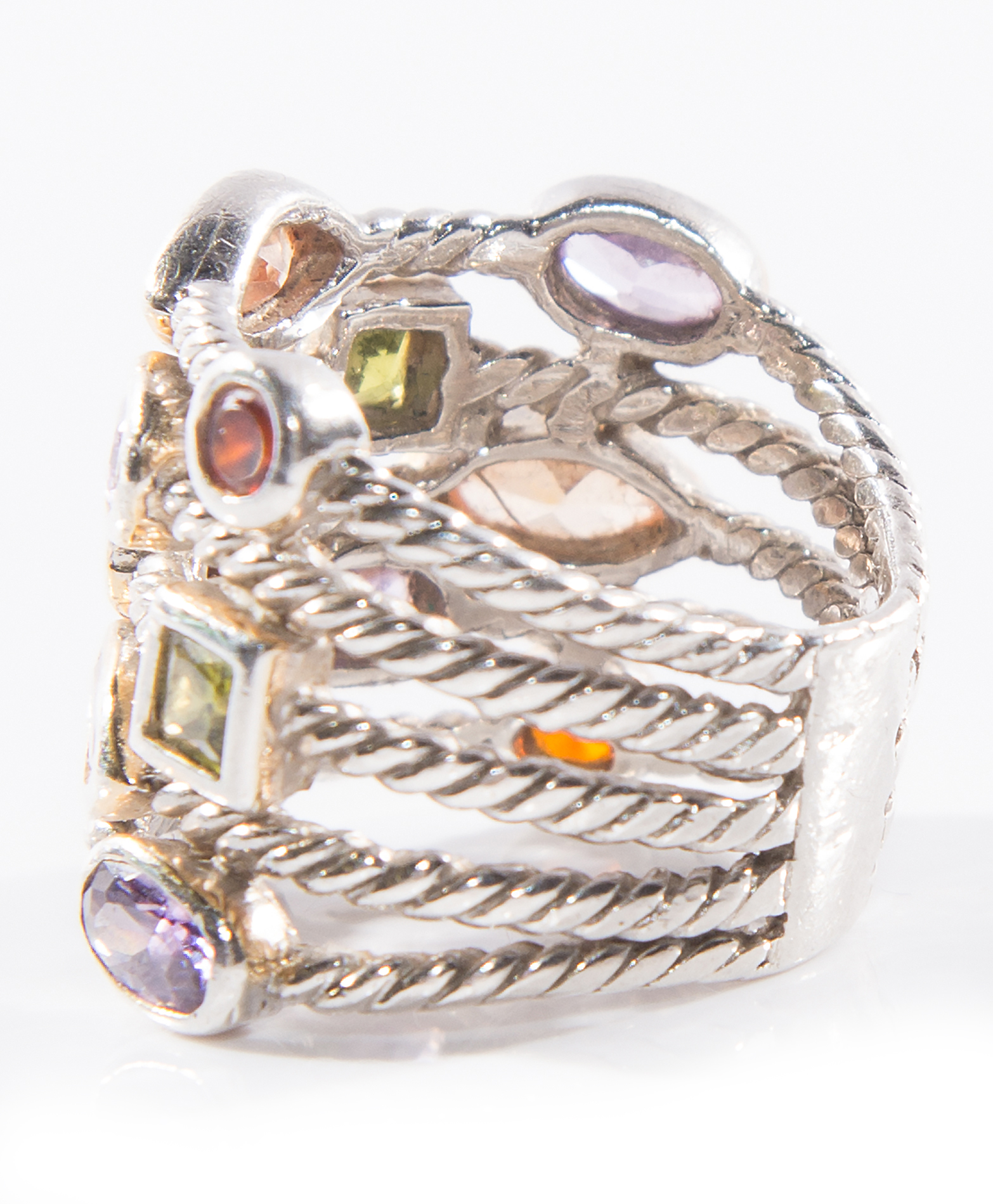 Sterling Silver Five-Row Amethyst, Citrine, Lemon Quartz, and Garnet Ring