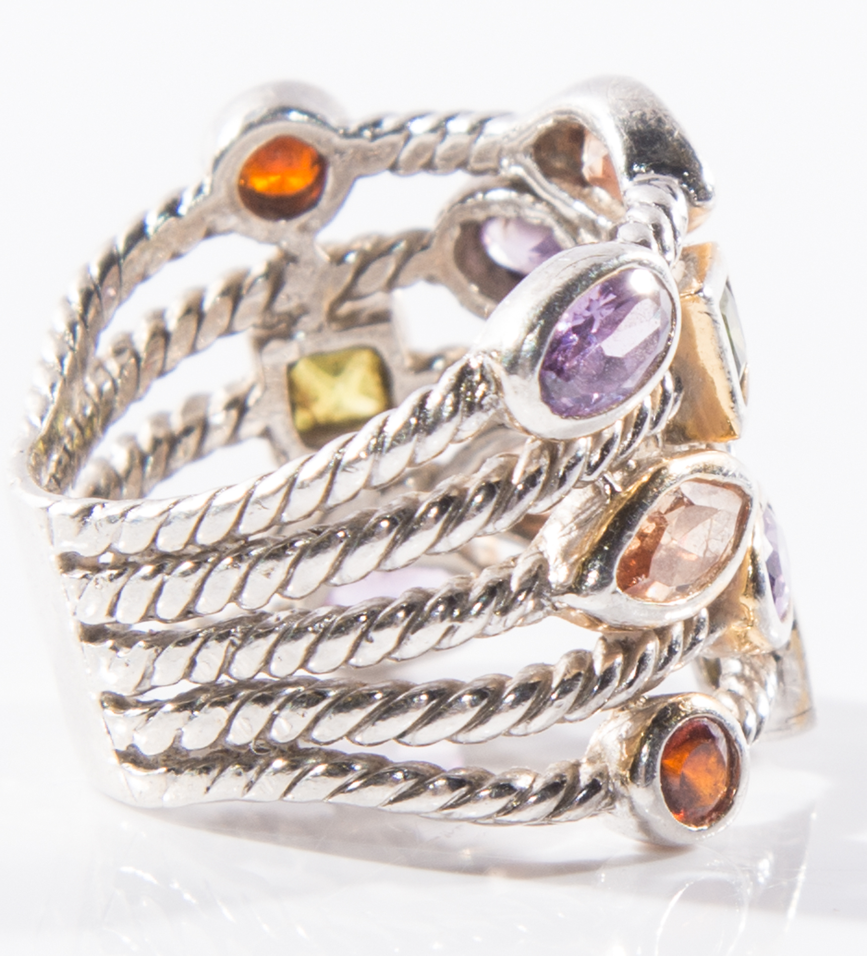 Sterling Silver Five-Row Amethyst, Citrine, Lemon Quartz, and Garnet Ring