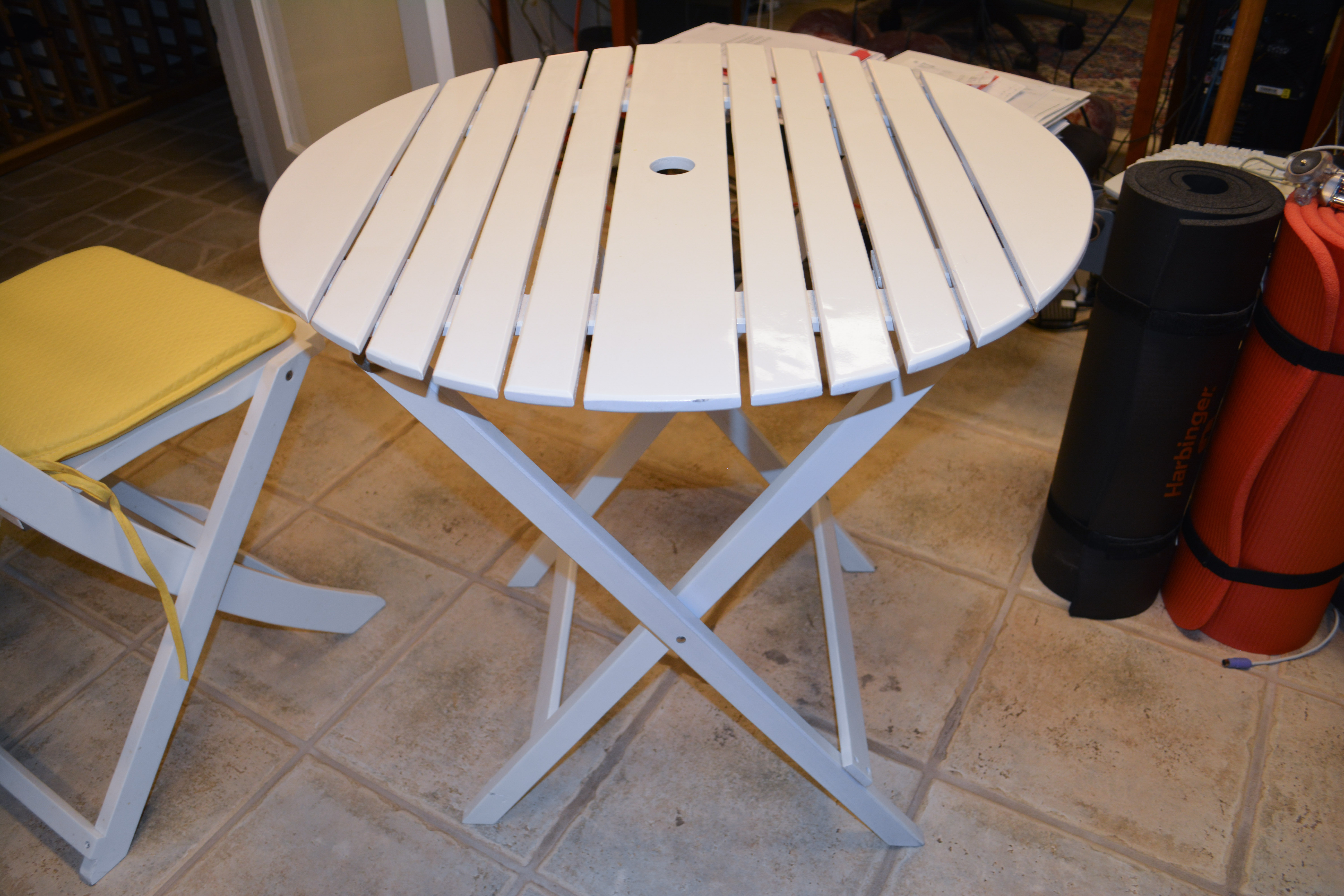 White Bistro Set With Yellow Cushions