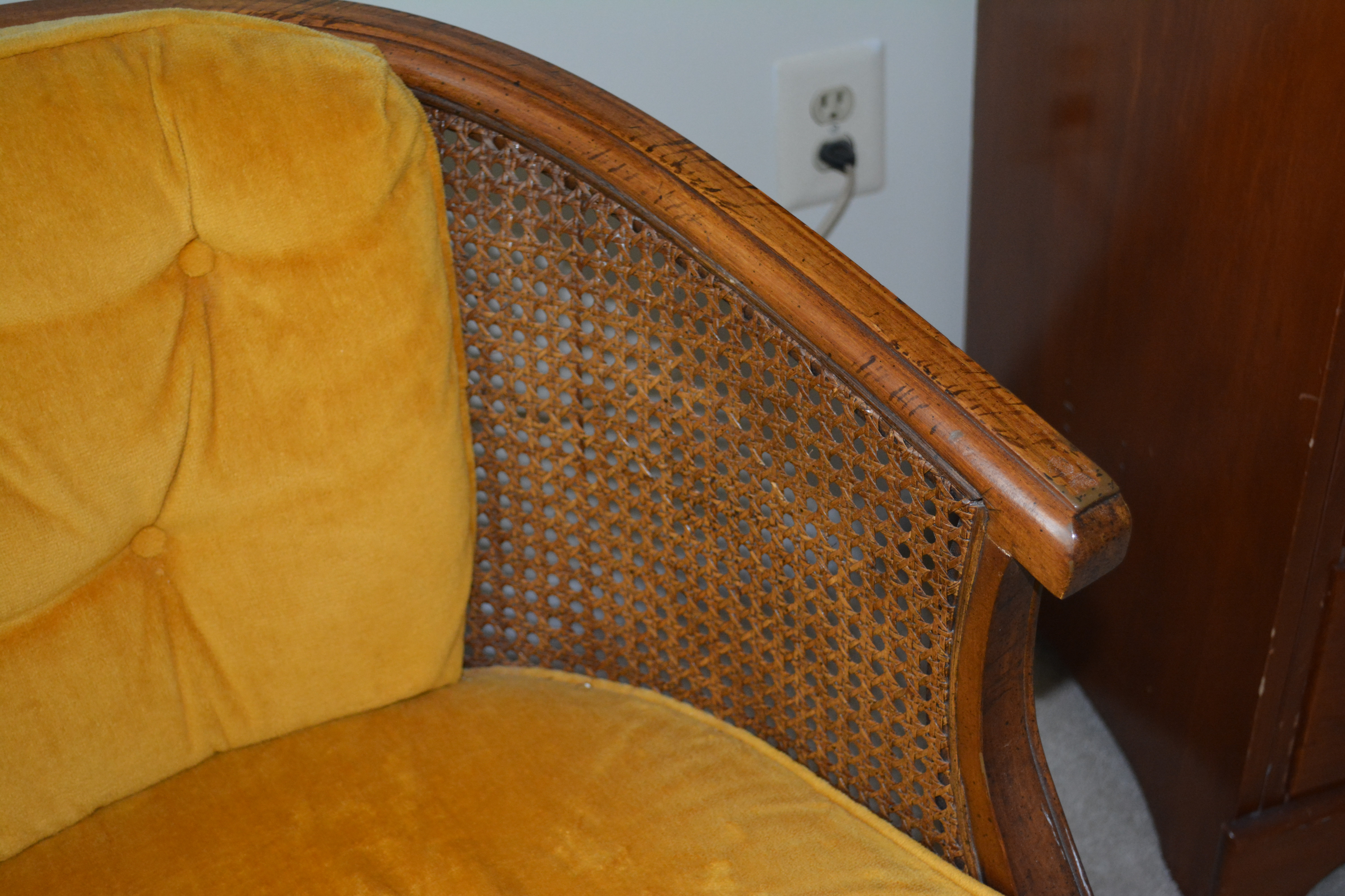 Vintage Upholstered and Caned Armchair