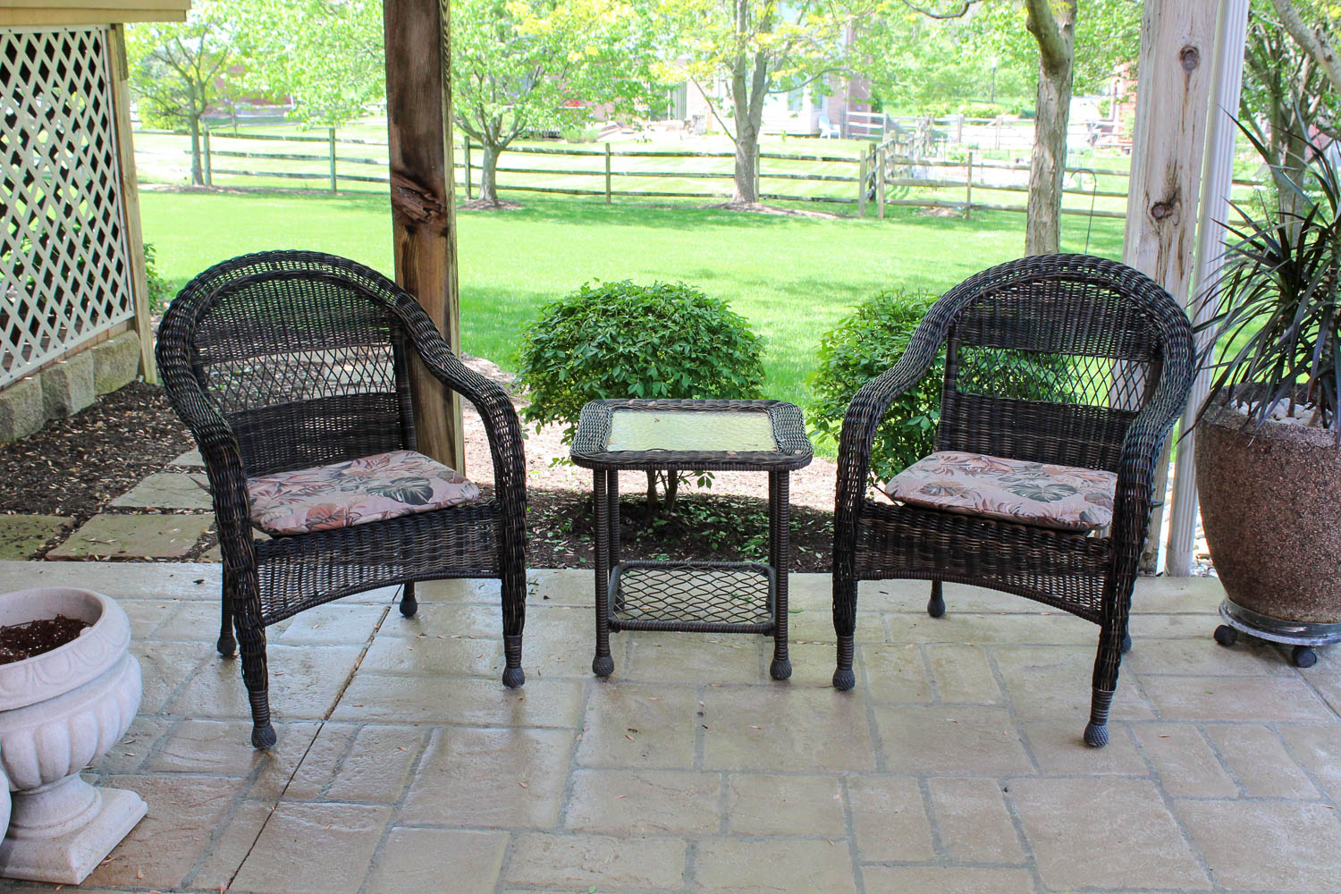 Pair of Dark Brown Wicker Patio Armchairs with Side Table