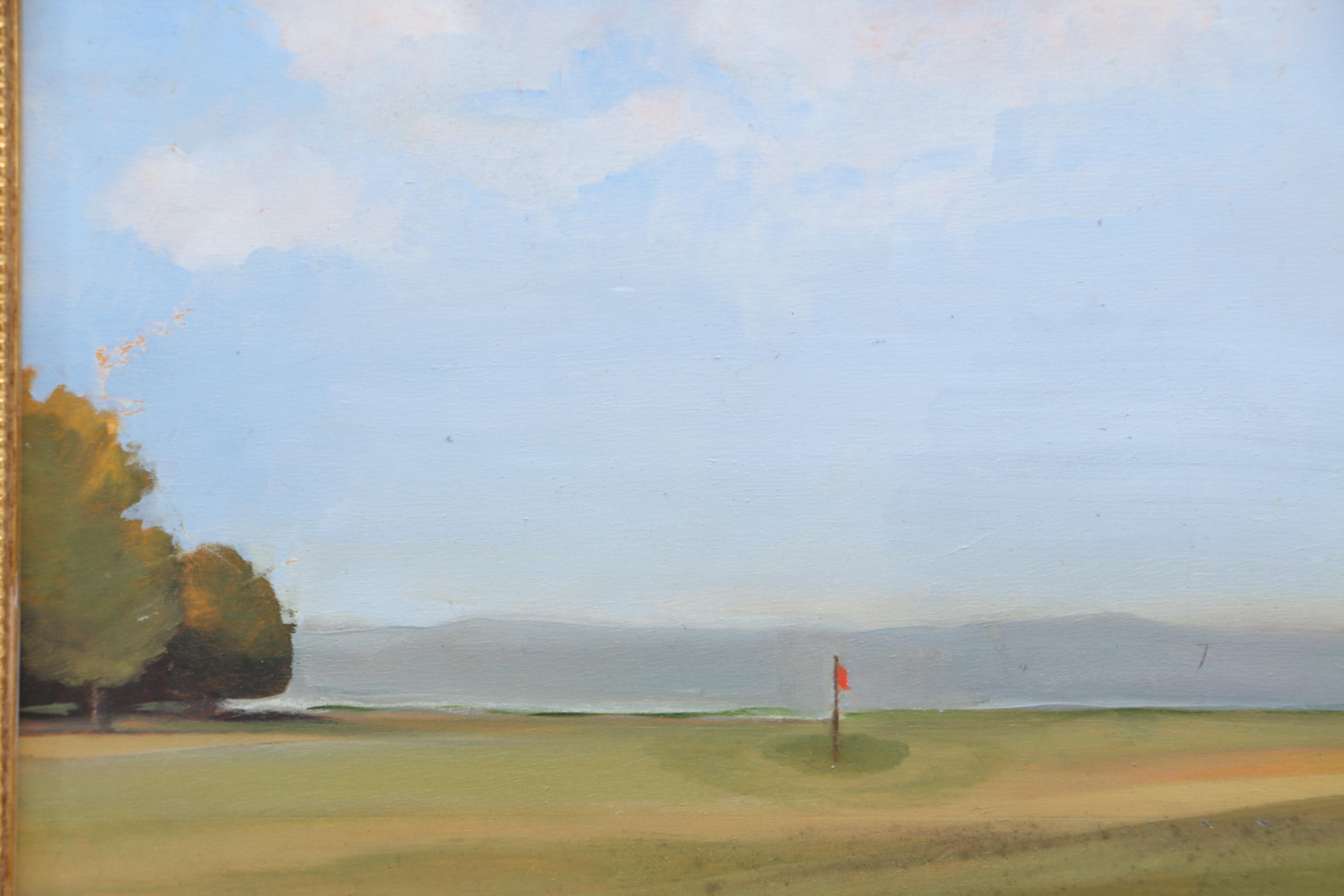 Oil Painting on Wood of a Golfing Green Under a Blue Sky