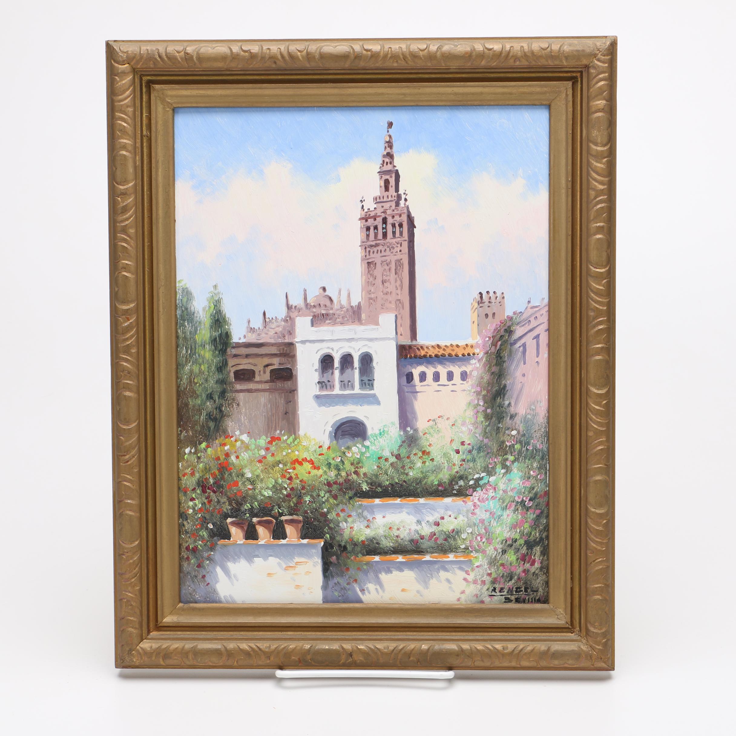 Framed Oil Painting of a Courtyard