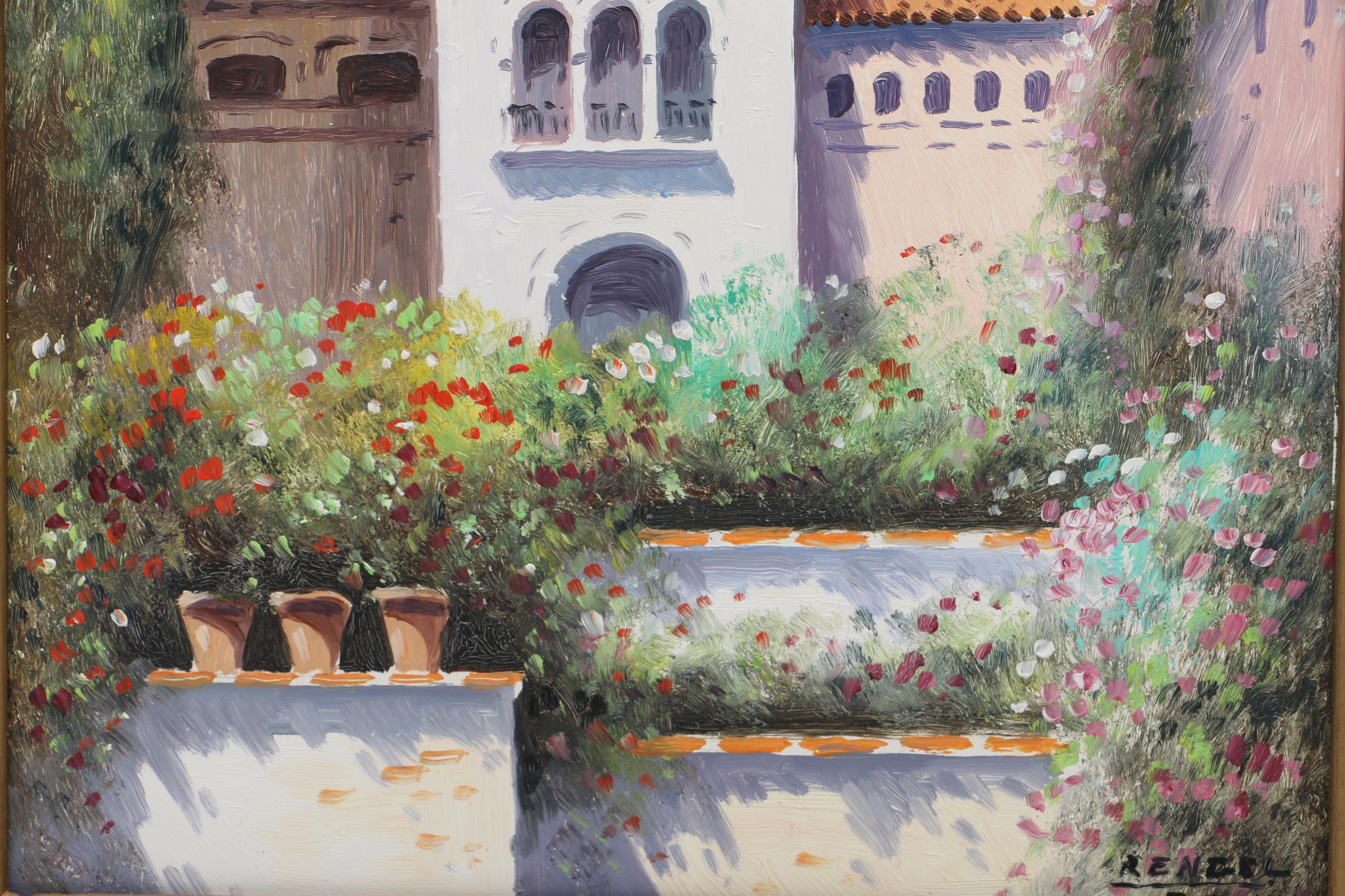 Framed Oil Painting of a Courtyard