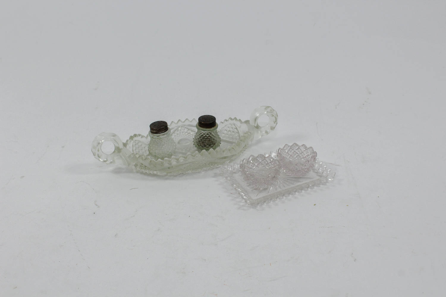 Crystal Glass Nappy Dish, Salt and Pepper Shakers and Cellars