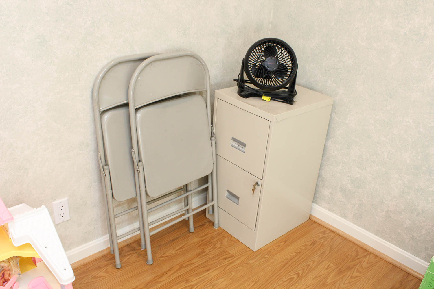 Short Filing Cabinet and Folding Chairs