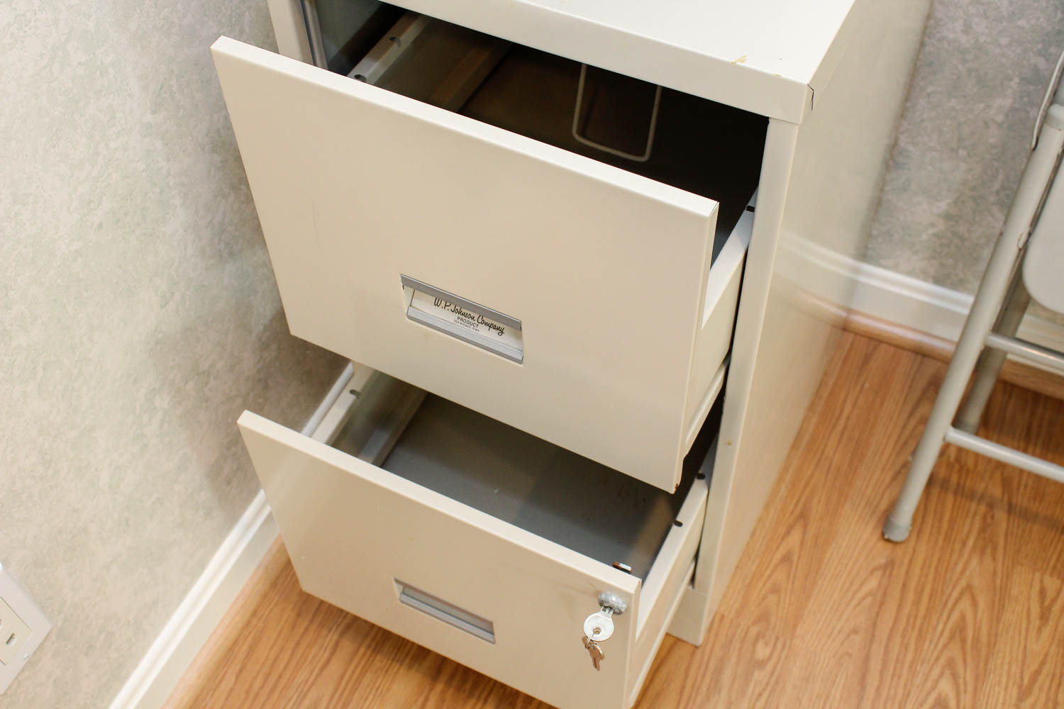 Short Filing Cabinet and Folding Chairs