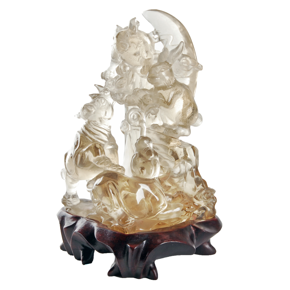 White Carved Crystal Animal Motif Sculpture With Stand