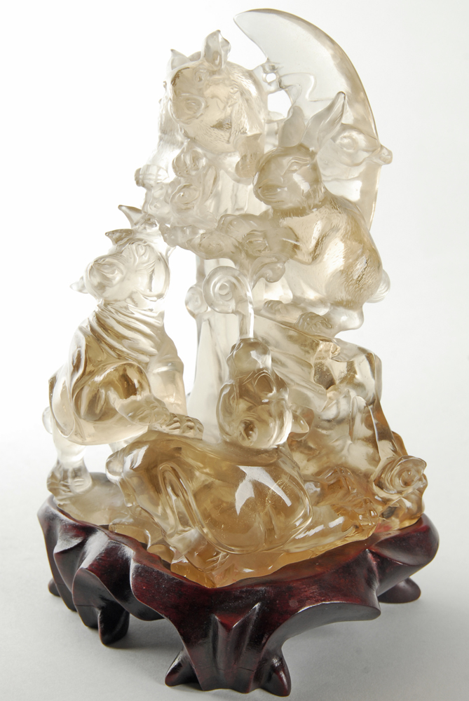 White Carved Crystal Animal Motif Sculpture With Stand