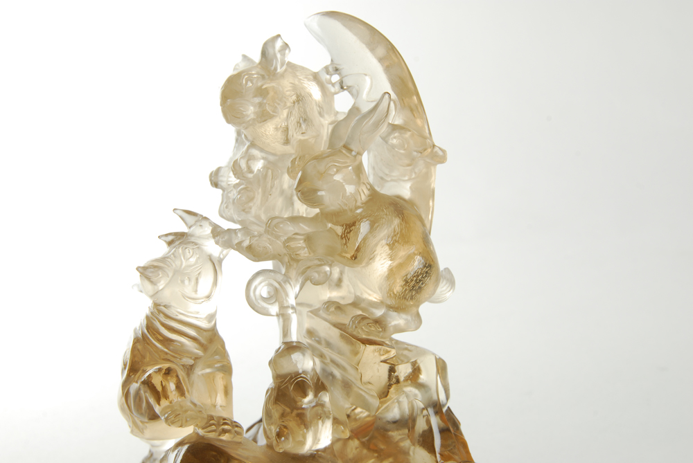 White Carved Crystal Animal Motif Sculpture With Stand
