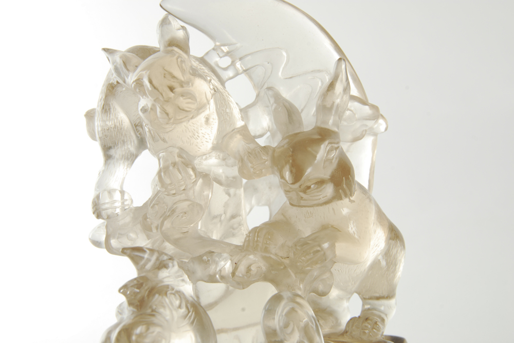 White Carved Crystal Animal Motif Sculpture With Stand