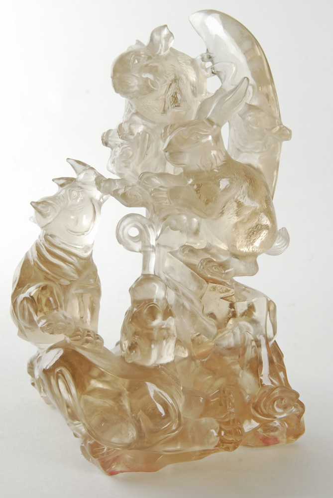 White Carved Crystal Animal Motif Sculpture With Stand