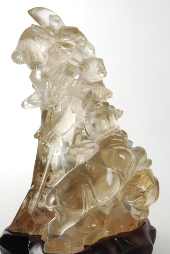 White Carved Crystal Animal Motif Sculpture With Stand