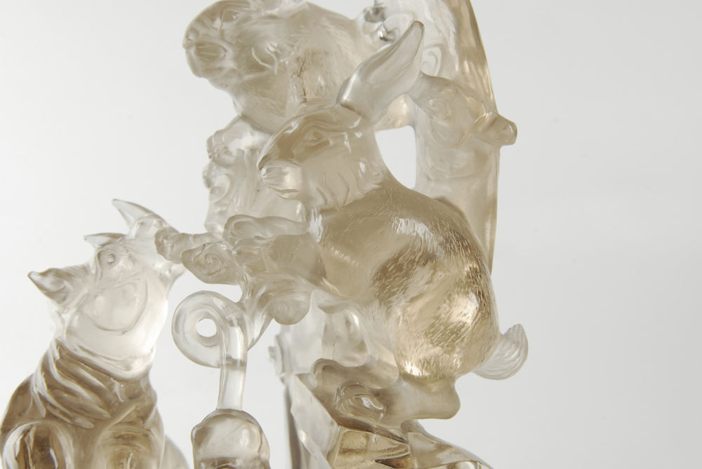 White Carved Crystal Animal Motif Sculpture With Stand