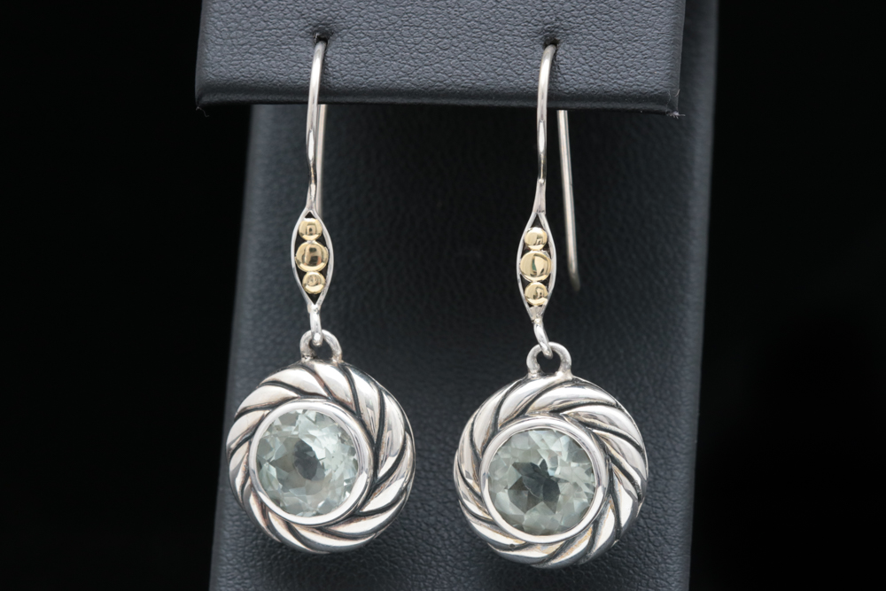 Robert Manse Sterling Silver, 18K Gold and Prasiolite Dangle Earrings
