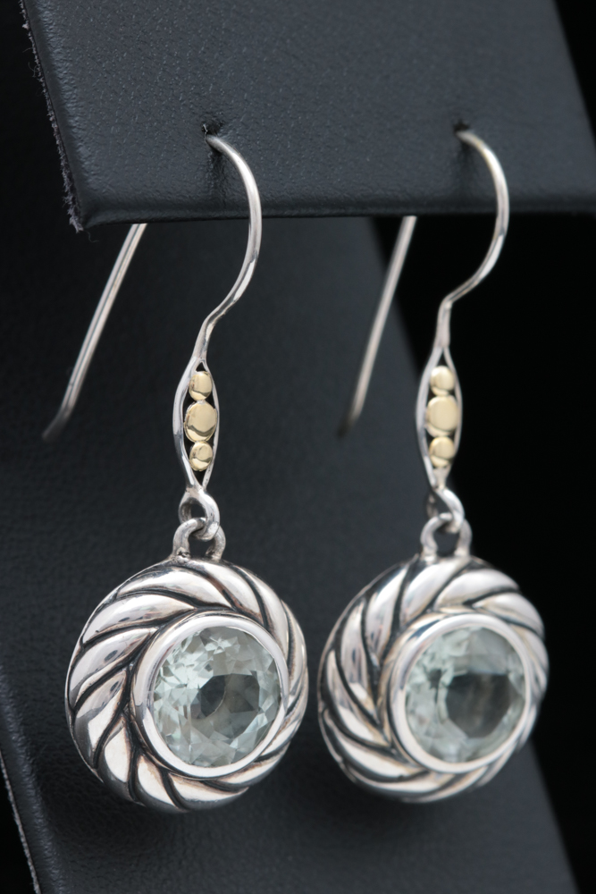 Robert Manse Sterling Silver, 18K Gold and Prasiolite Dangle Earrings