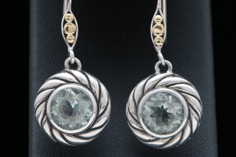 Robert Manse Sterling Silver, 18K Gold and Prasiolite Dangle Earrings