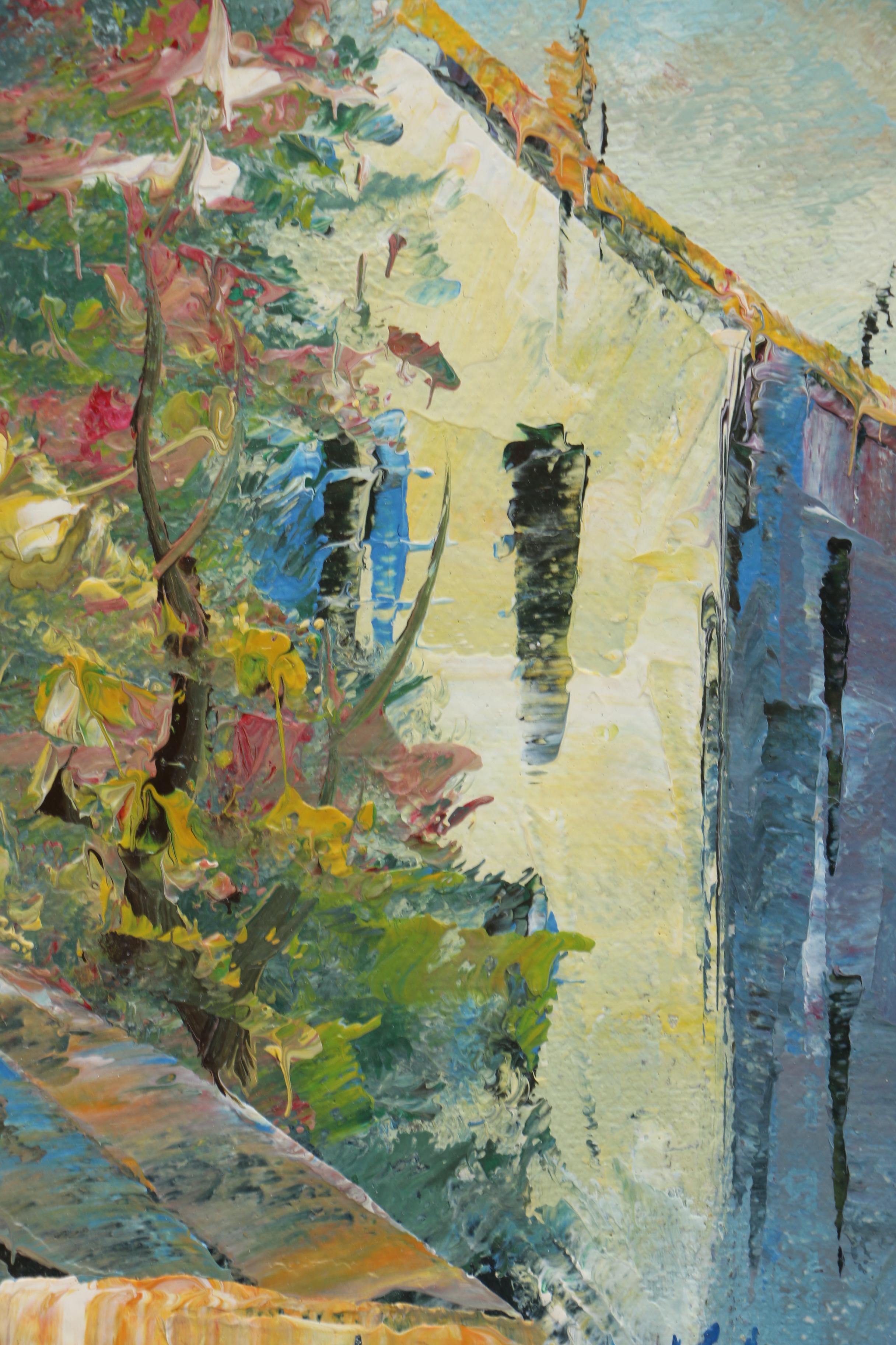 L. Stanis Acrylic on Wood Panel Painting of Townscape