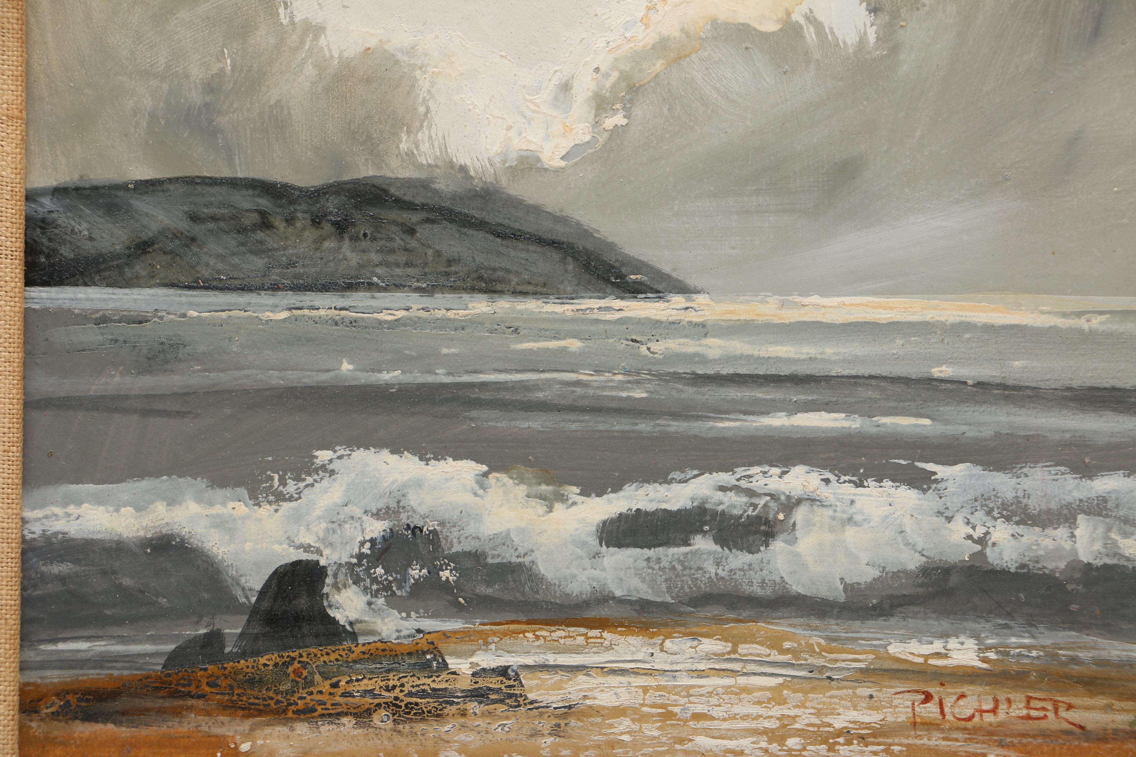 Pichler Oil Painting on Canvas of Waves Under a Grey Sky
