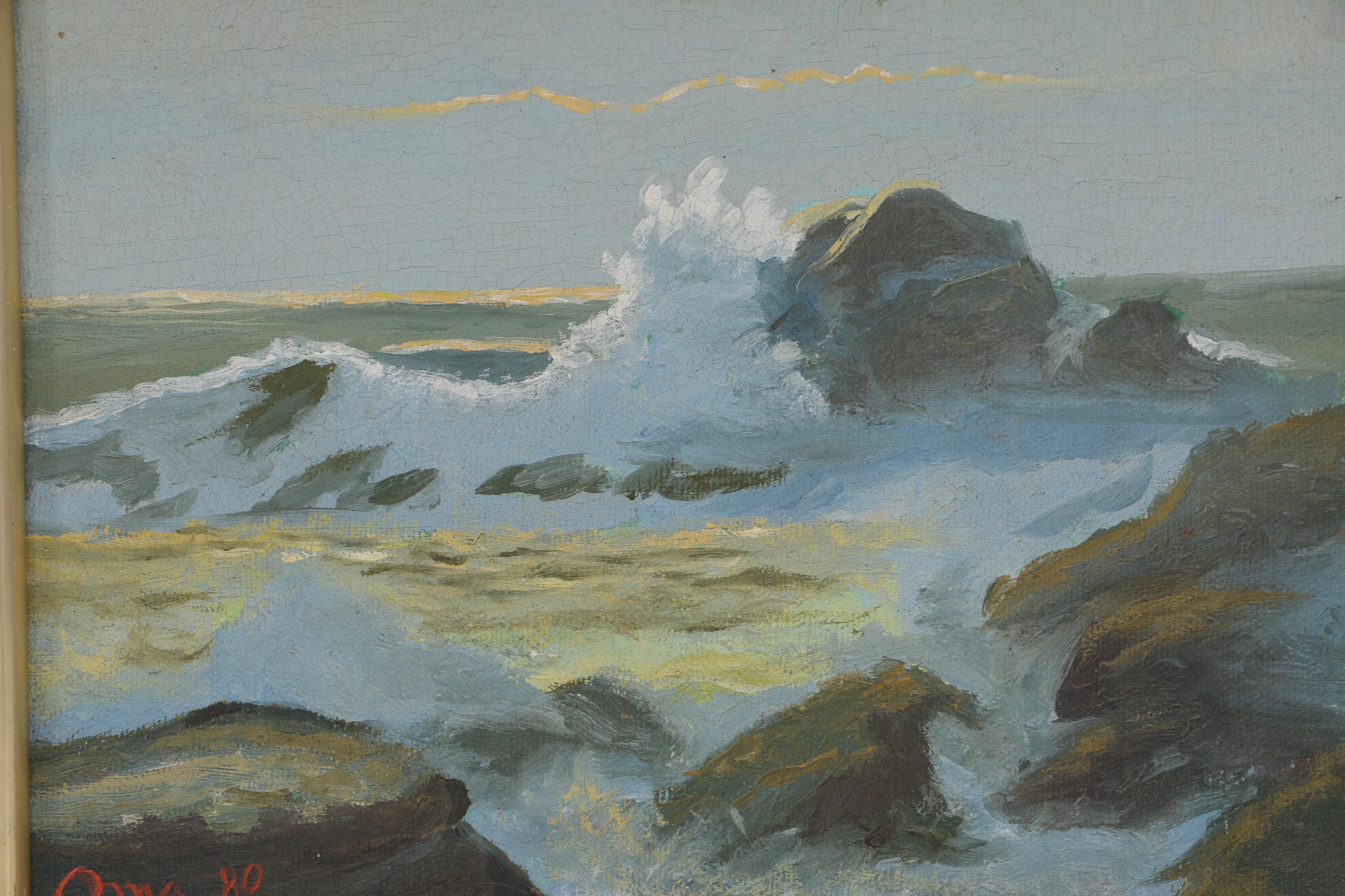 Vintage Oil on Canvas Painting of Waves Crashing on Rocks