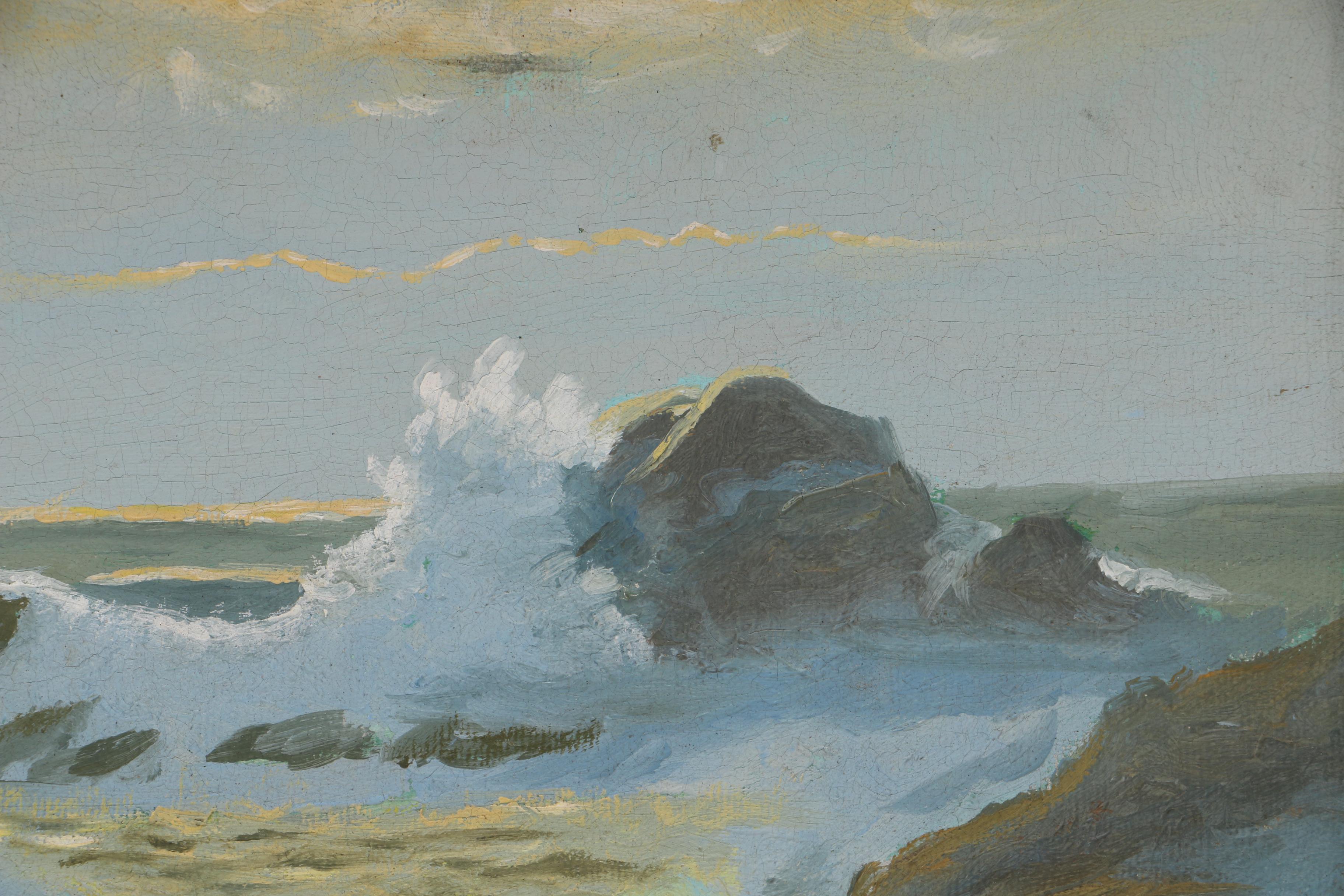 Vintage Oil on Canvas Painting of Waves Crashing on Rocks