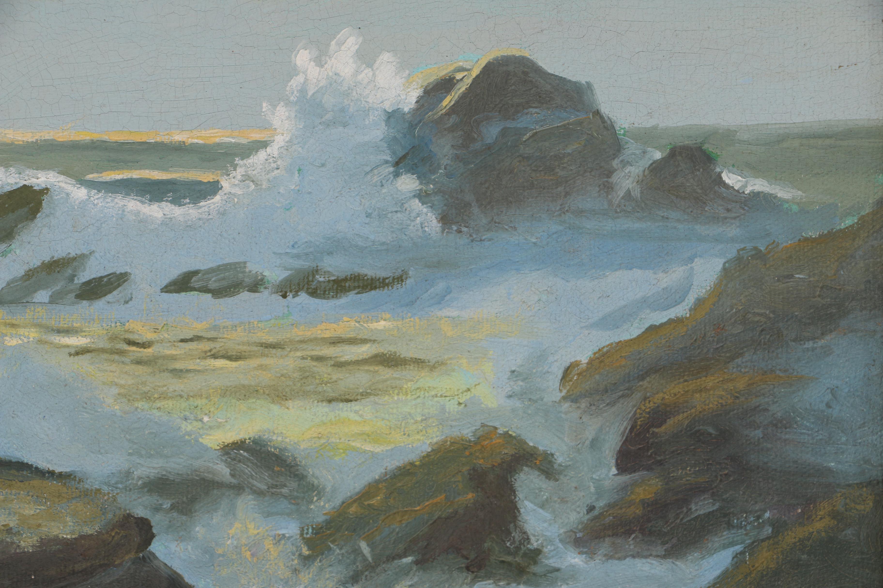 Vintage Oil on Canvas Painting of Waves Crashing on Rocks