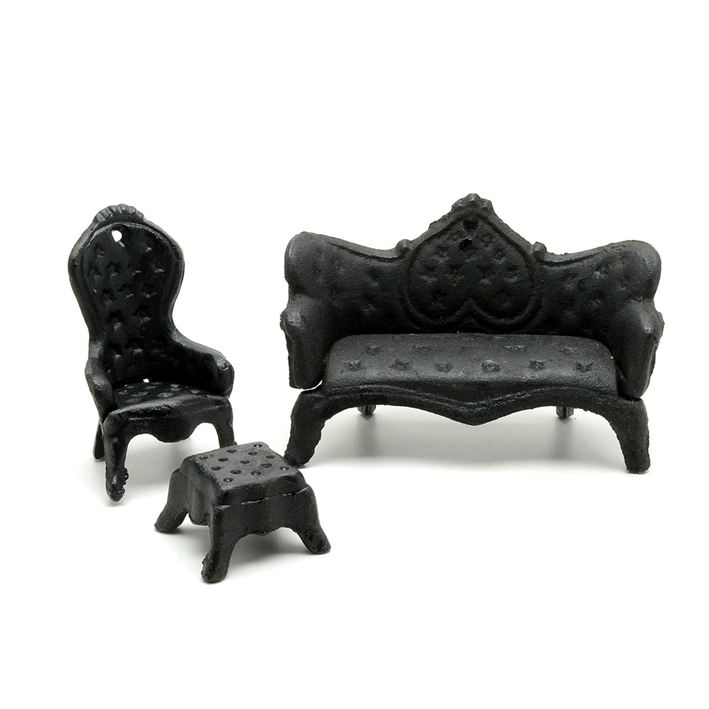 Miniature Cast Iron Settee, Chair, and Ottoman