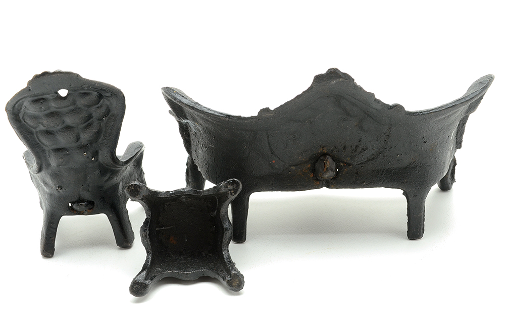 Miniature Cast Iron Settee, Chair, and Ottoman